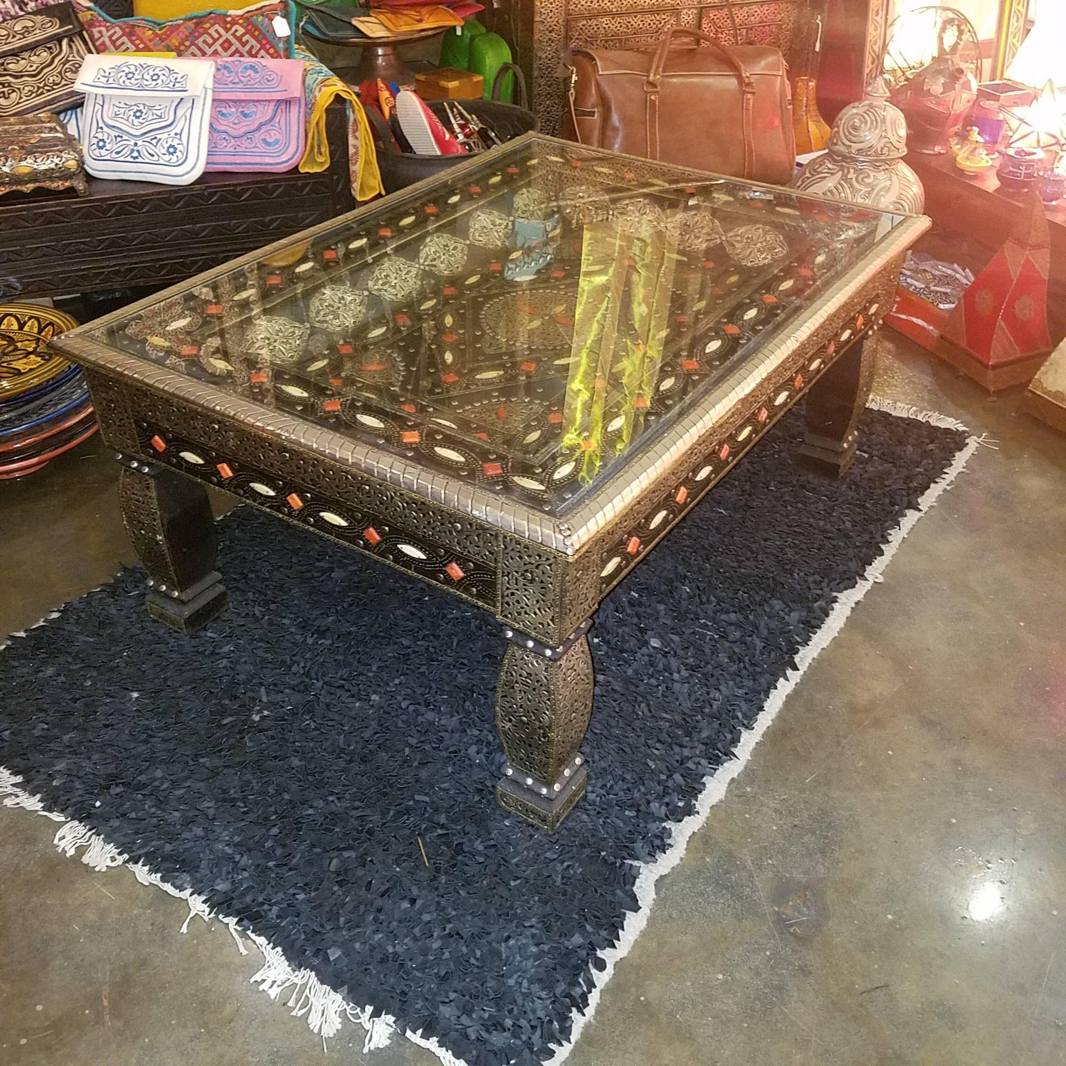 Moroccan Metal Inlaid Coffee Table, Camel Bone Added For Sale at