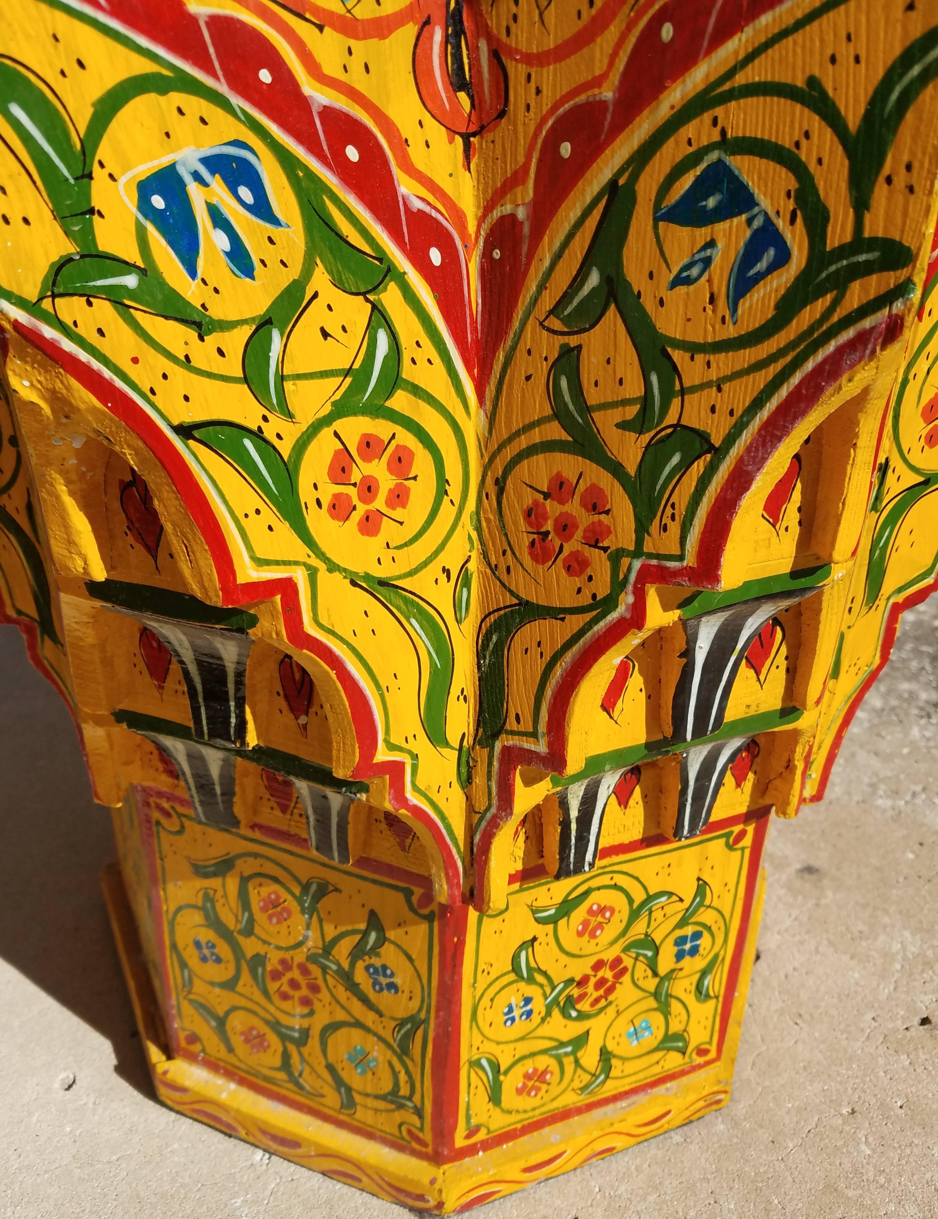 Wood Kenza Hand-Painted Hand-Carved Moroccan Side Table Mosaic Top