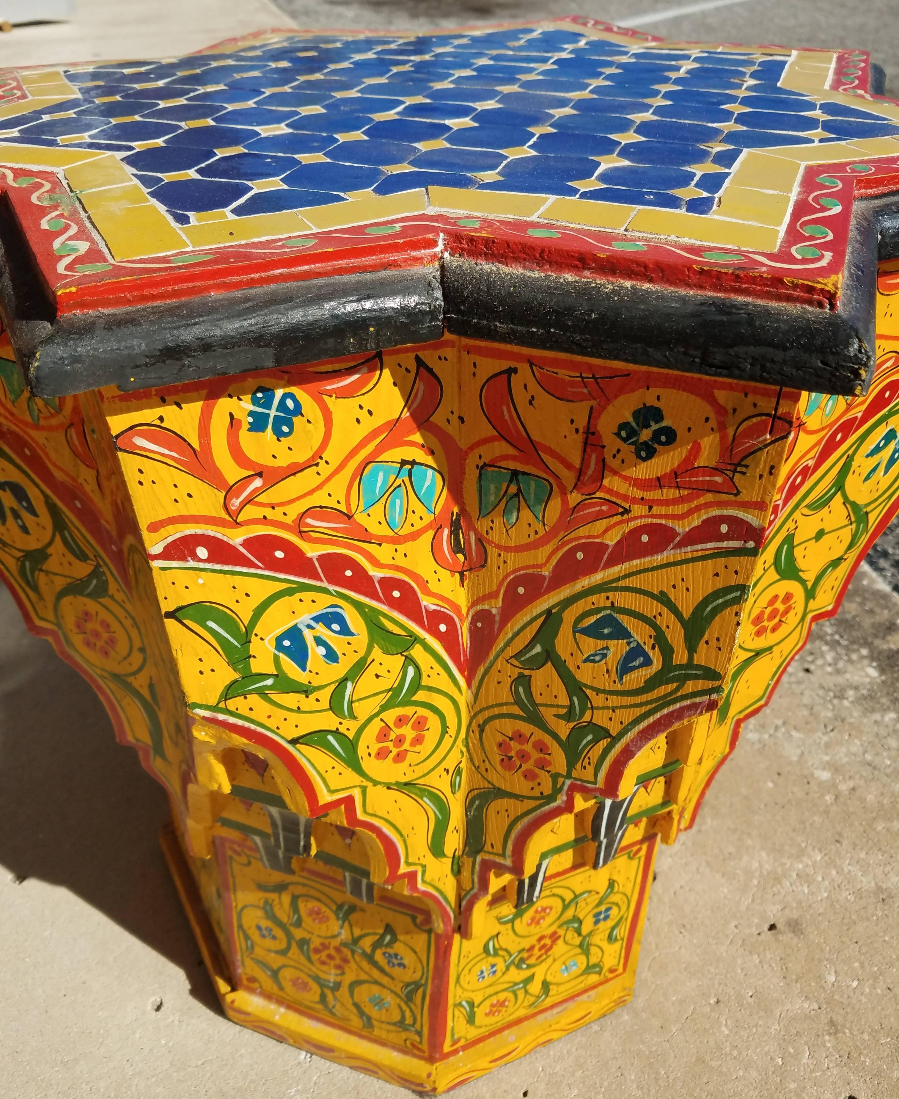 Contemporary Kenza Hand-Painted Hand-Carved Moroccan Side Table Mosaic Top
