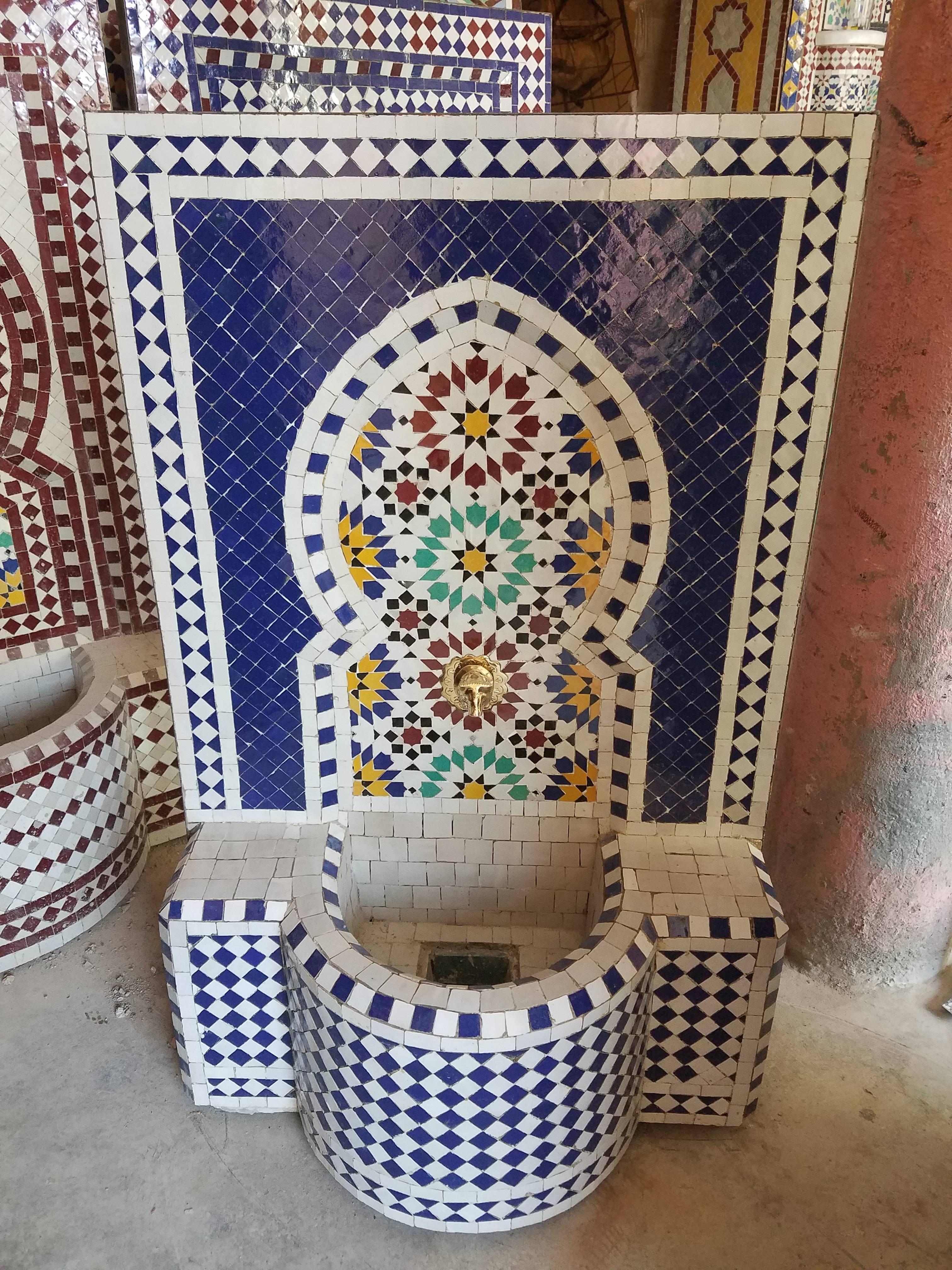 Cobalt Blue or Multi-Color Moroccan Mosaic Fountain, Garden and Indoor In Excellent Condition For Sale In Orlando, FL