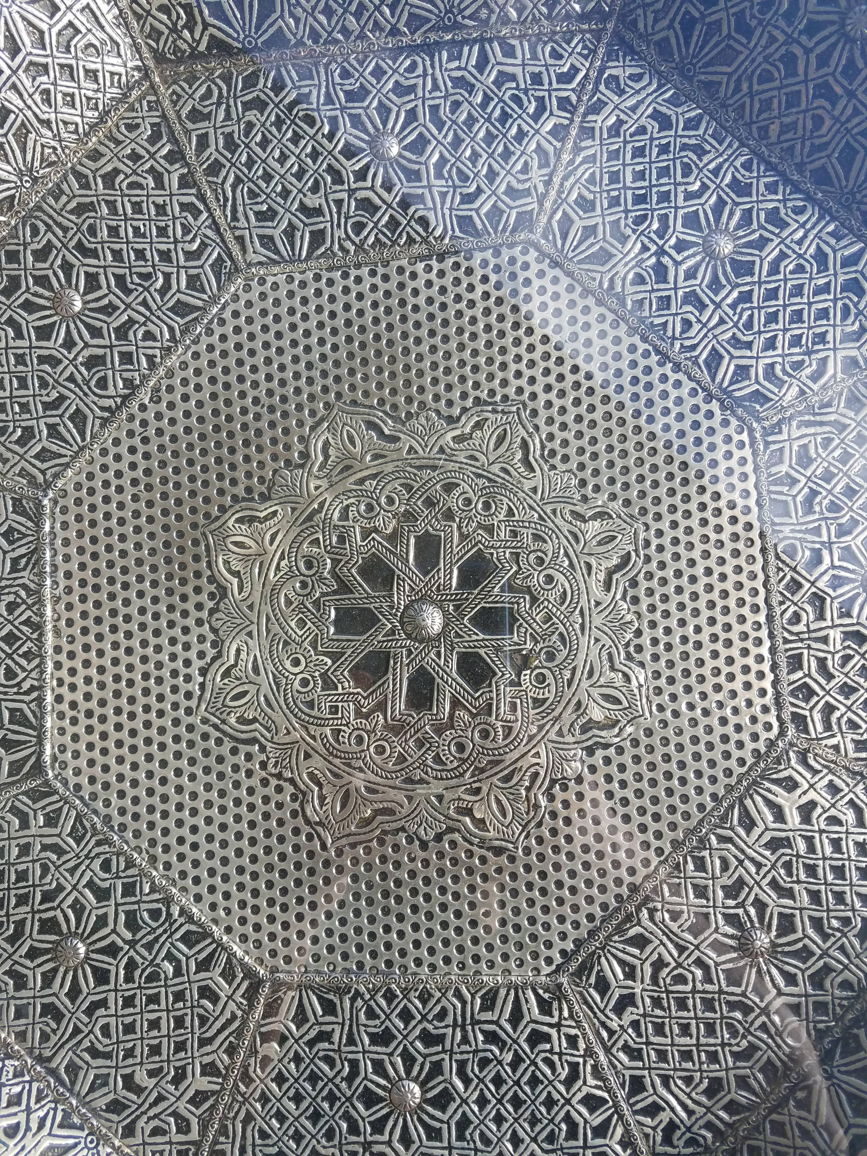 Moroccan Metal Inlaid Coffee Table, Glass Top Added In Excellent Condition For Sale In Orlando, FL