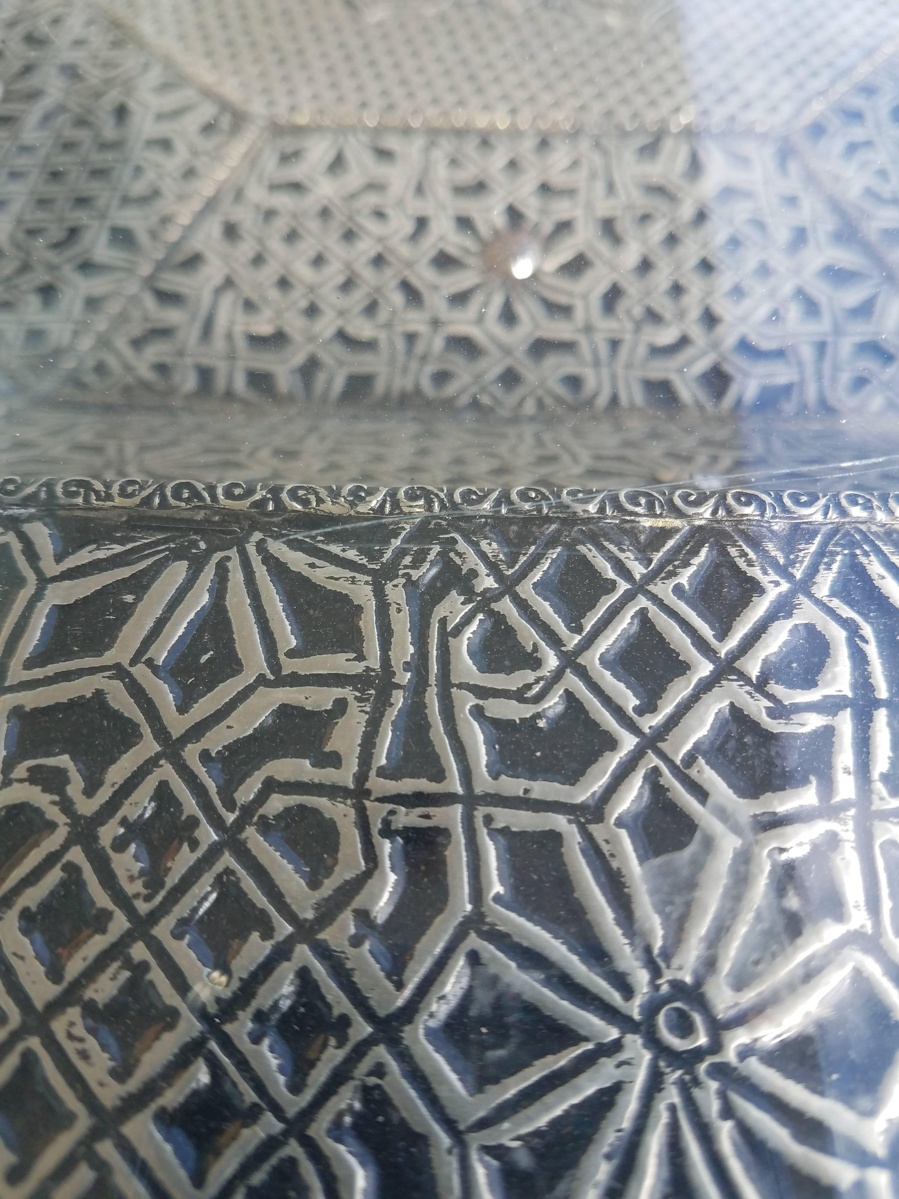 Contemporary Moroccan Metal Inlaid Coffee Table, Glass Top Added For Sale