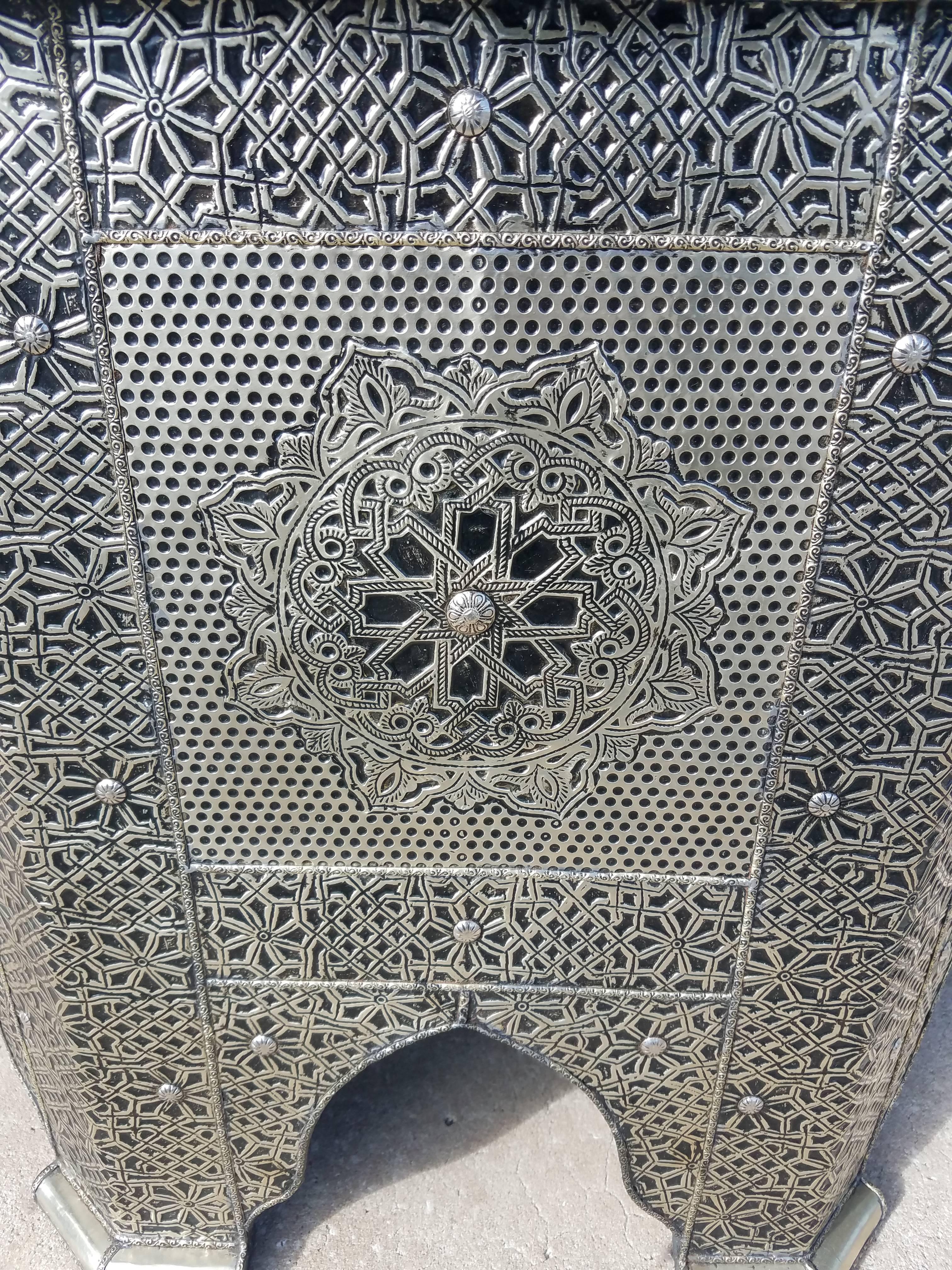 Moroccan Metal Inlaid Coffee Table, Glass Top Added For Sale 1