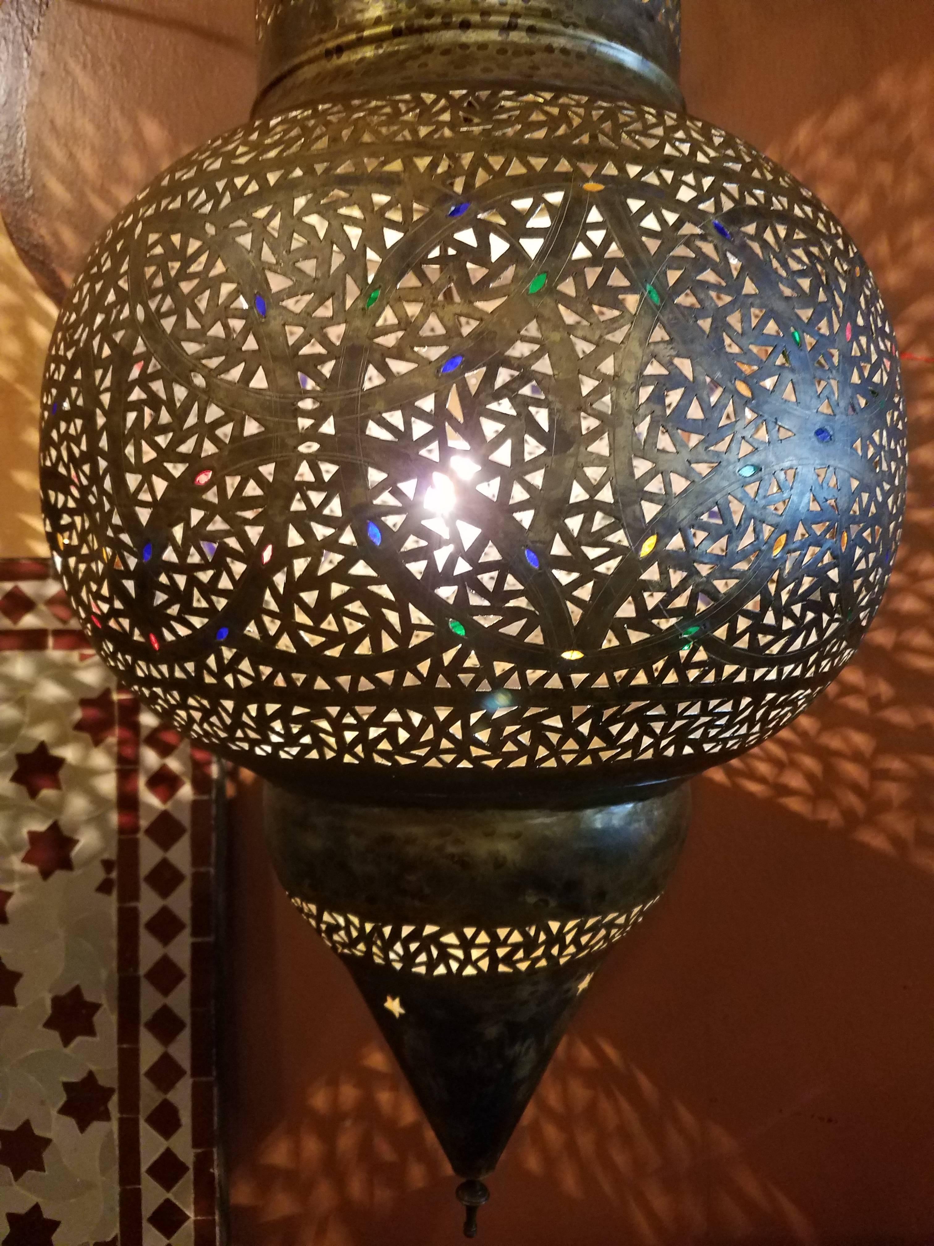Hammered Moroccan Copper Wall or Ceiling Lamp or Lantern, Bombay Shape For Sale