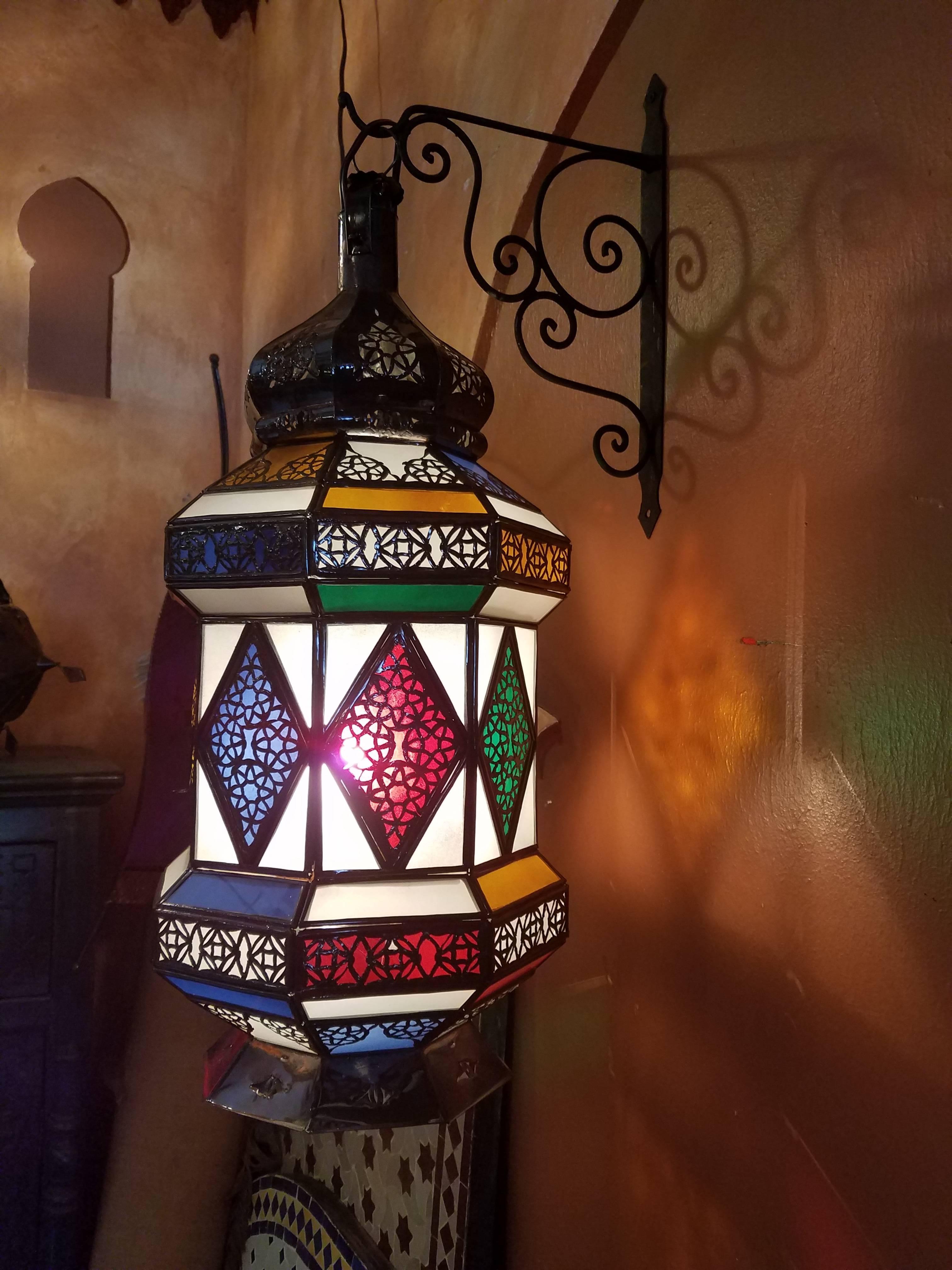 Contemporary Flat Bottom Moroccan Multi-Color Glass Lantern For Sale
