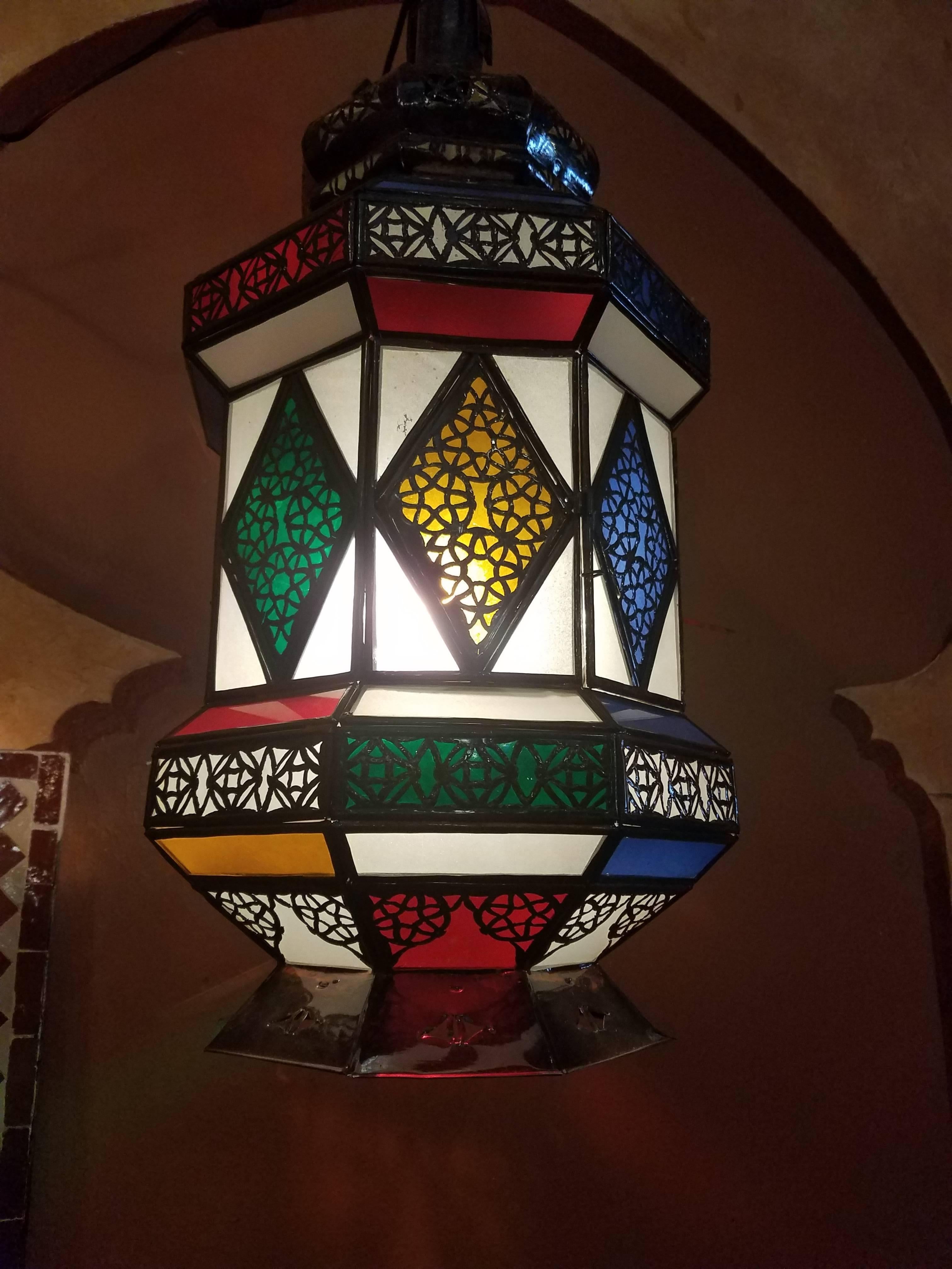 Flat Bottom Moroccan Multi-Color Glass Lantern For Sale 1