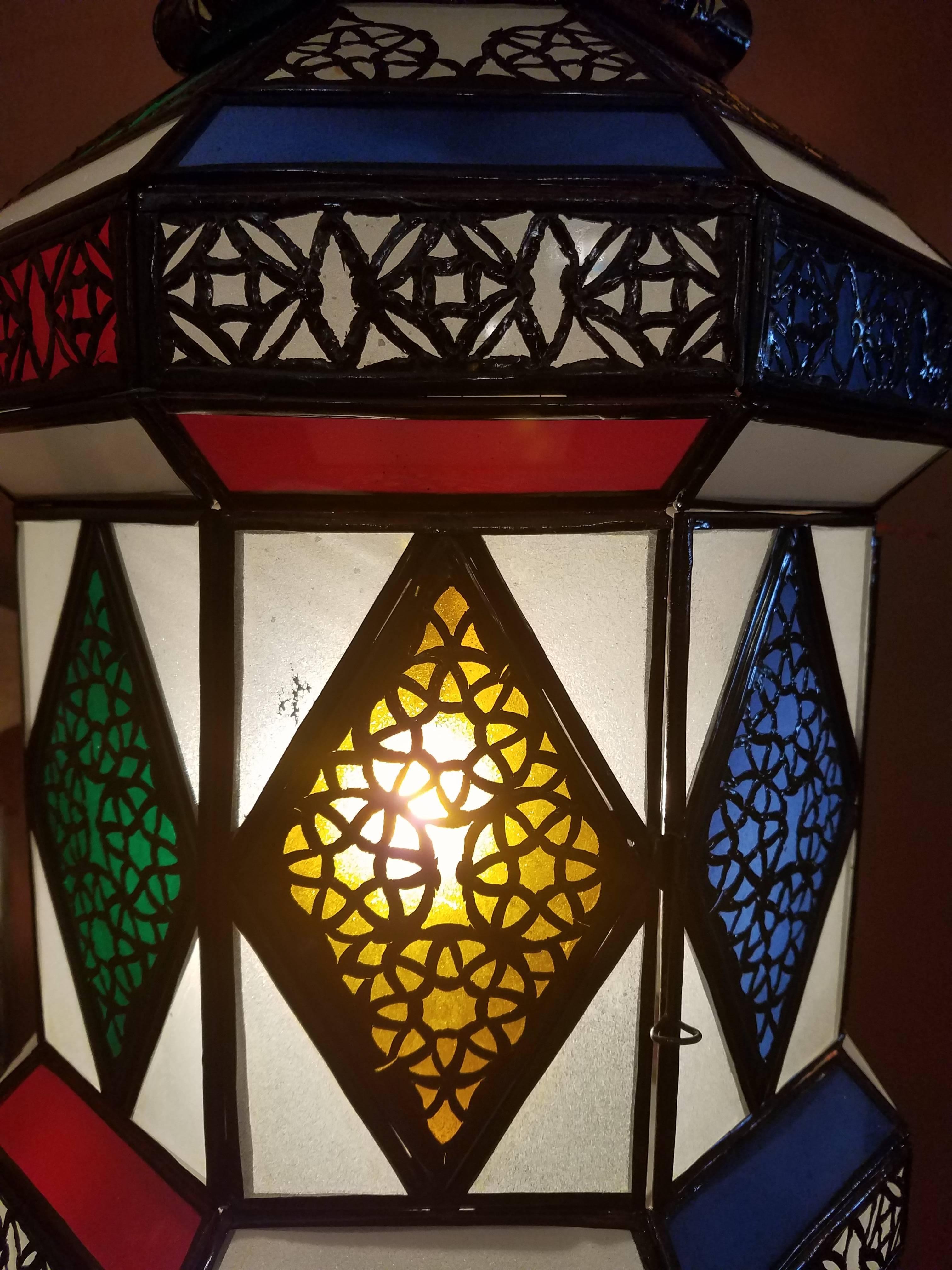 Flat Bottom Moroccan Multi-Color Glass Lantern For Sale 2