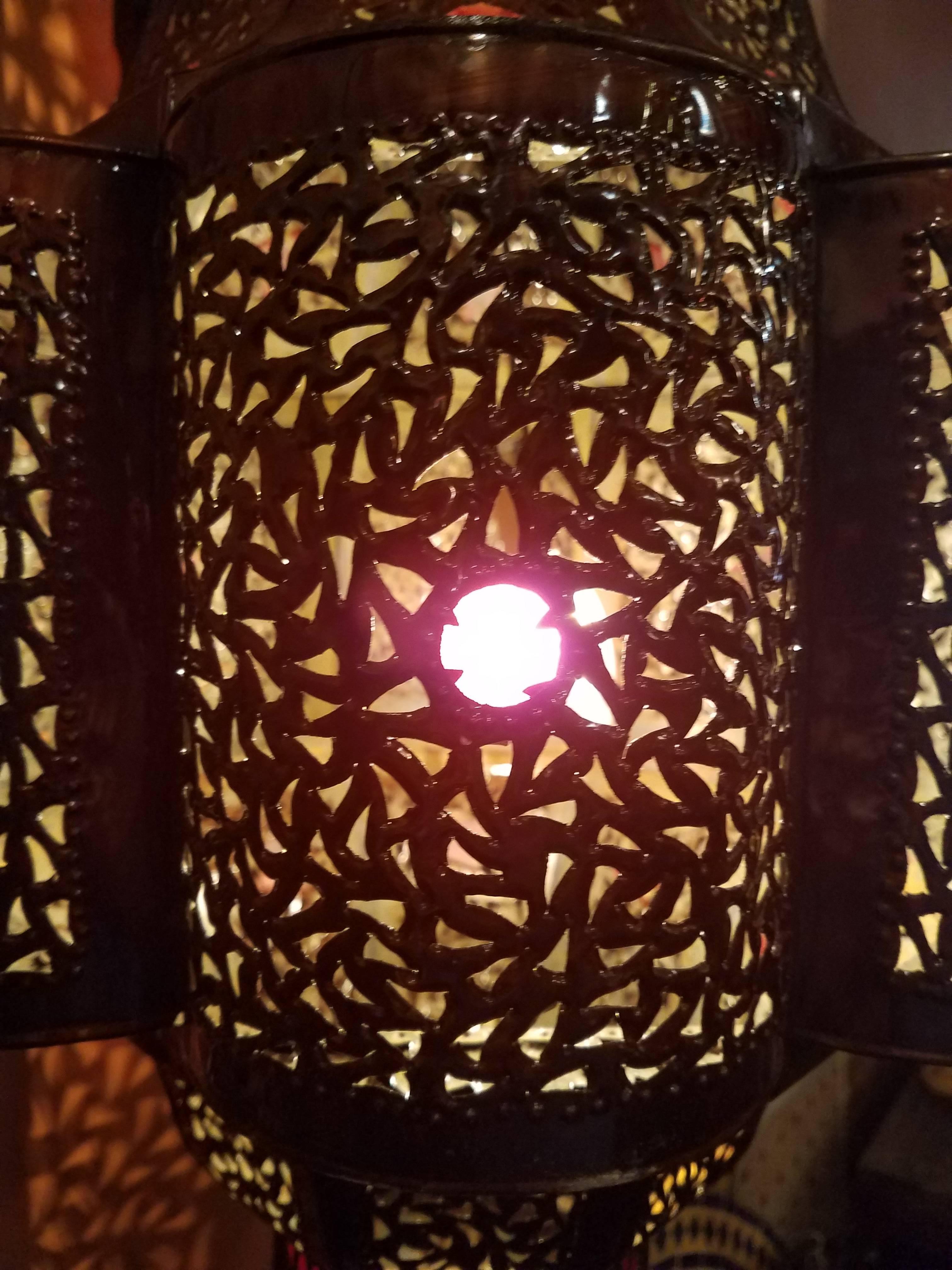Turkish Moroccan Handmade Metal Lantern and Multi-Color Glass In Excellent Condition For Sale In Orlando, FL