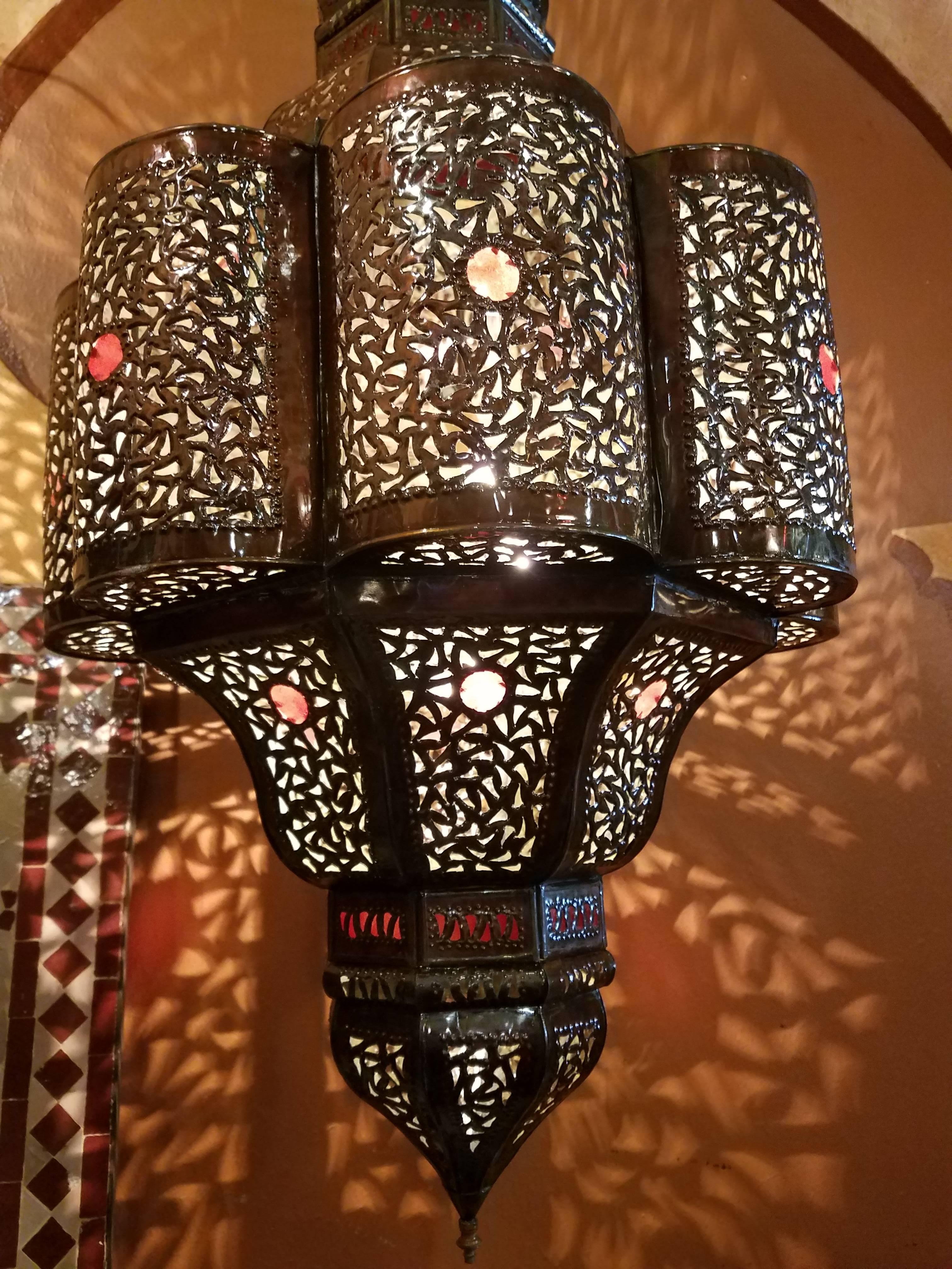Contemporary Turkish Moroccan Handmade Metal Lantern and Multi-Color Glass For Sale