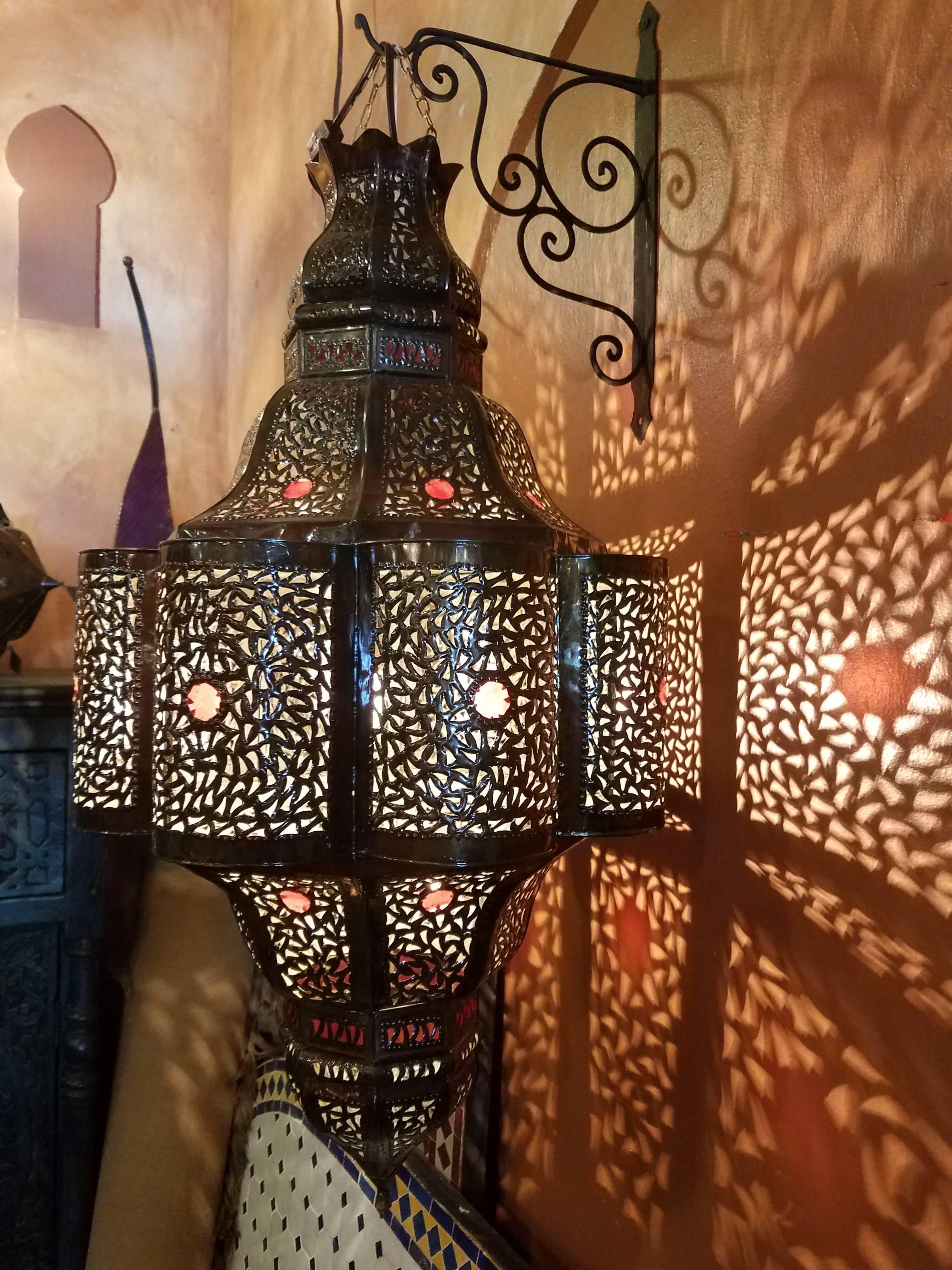 Turkish Moroccan Handmade Metal Lantern and Multi-Color Glass For Sale 1