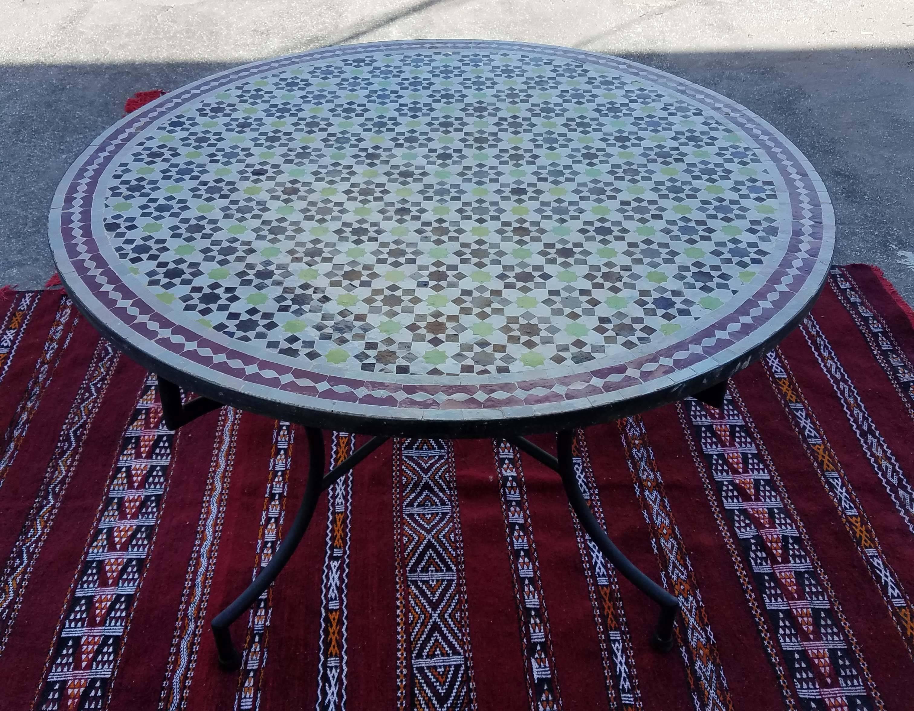 Multi-Color Mosaic Table, Wrought Iron Base Included For Sale 1