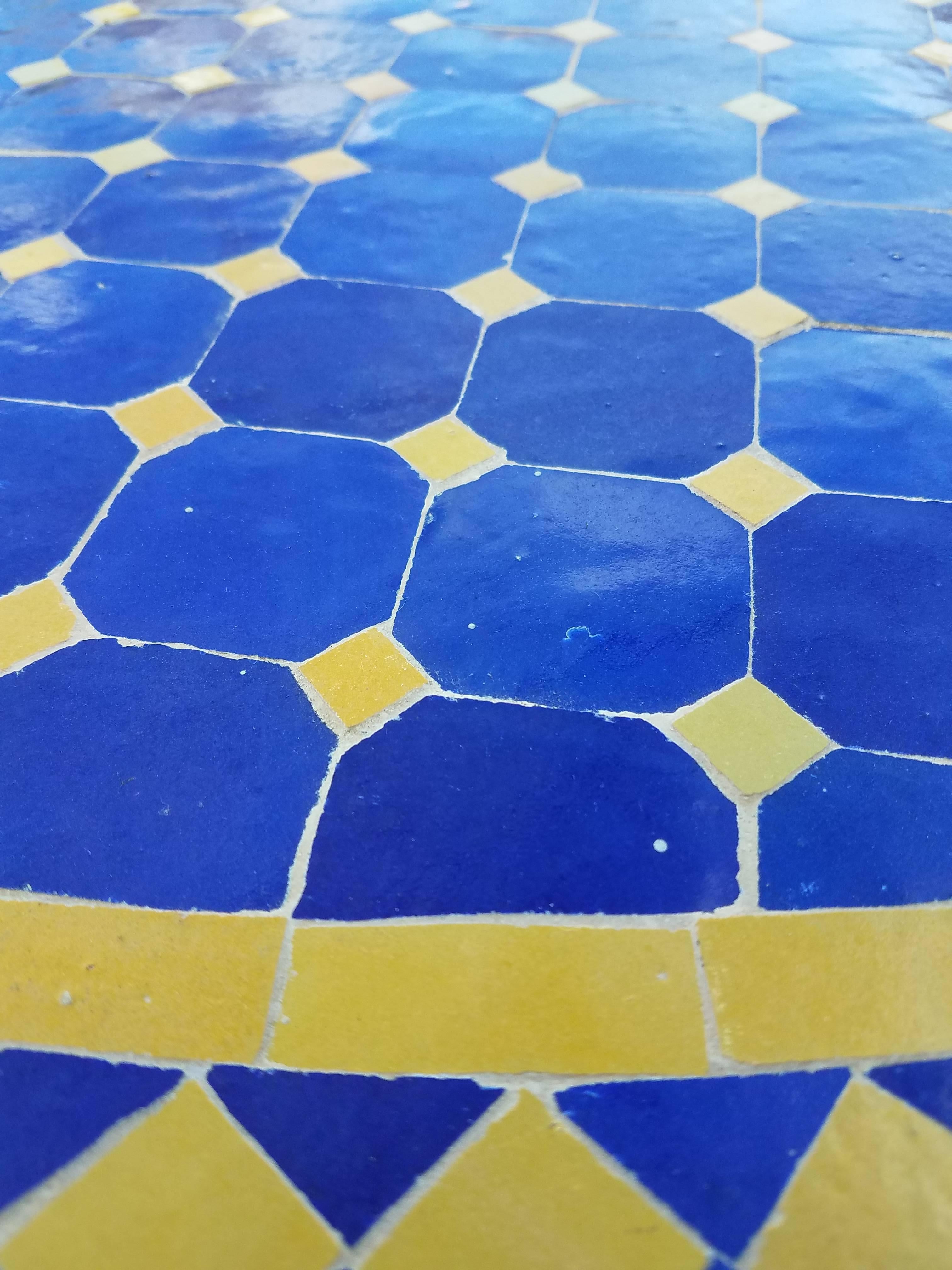 Round Moroccan Mosaic Table, Blue / Yellow In Excellent Condition For Sale In Orlando, FL