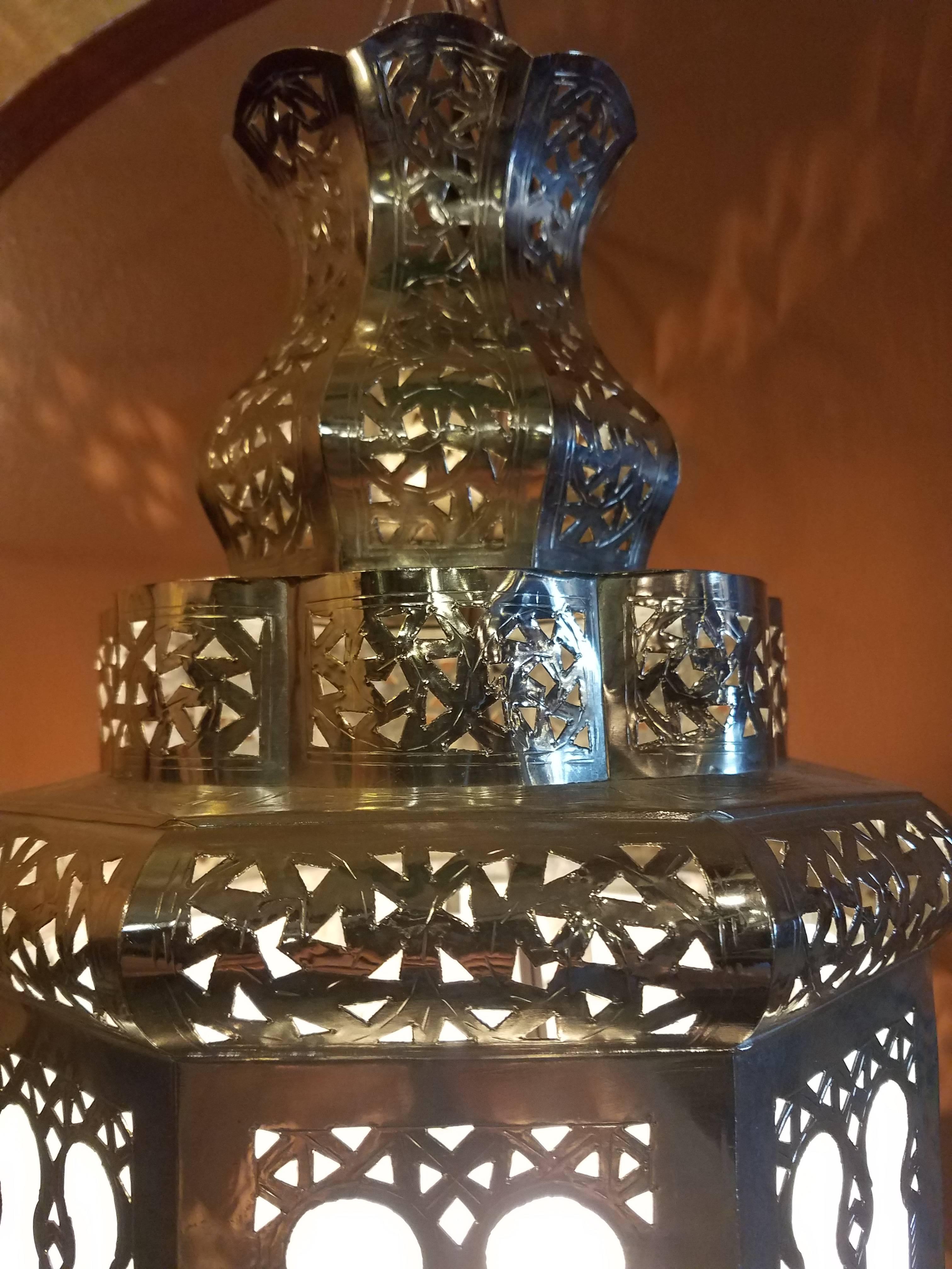 Contemporary Old Fez Moroccan Lantern, Copper, Silver Look For Sale