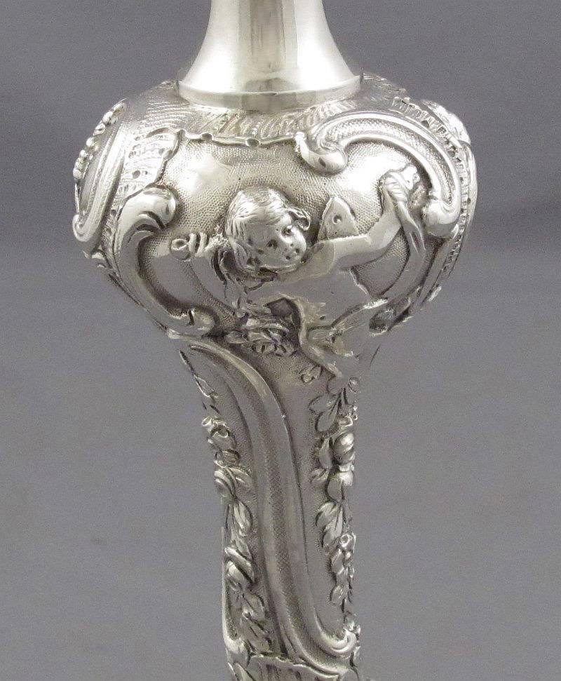 Sterling Silver Pair of Rococo Silver Candlesticks For Sale