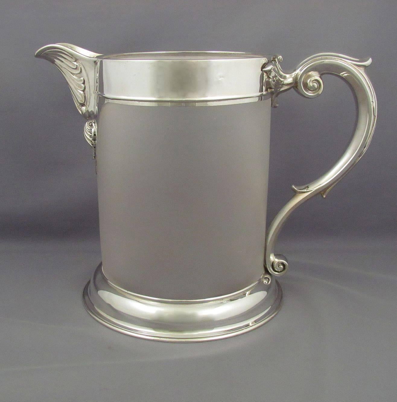 19th Century Victorian Sterling Silver Beer Jug and Pair of Mugs For Sale