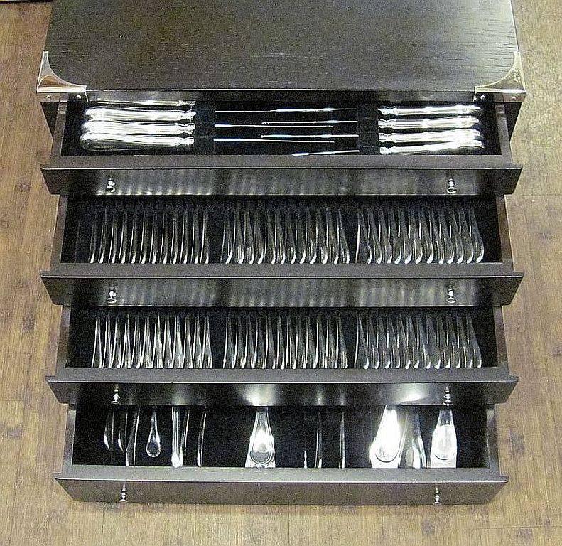 A massive English sterling silver flatware service for 12 by Victoria Silverware Ltd., hallmarked Birmingham 2003 in Continental Thread pattern in a fitted canteen comprised of:

12 dinner knives
12 dinner forks
12 dessert knives
12 dessert