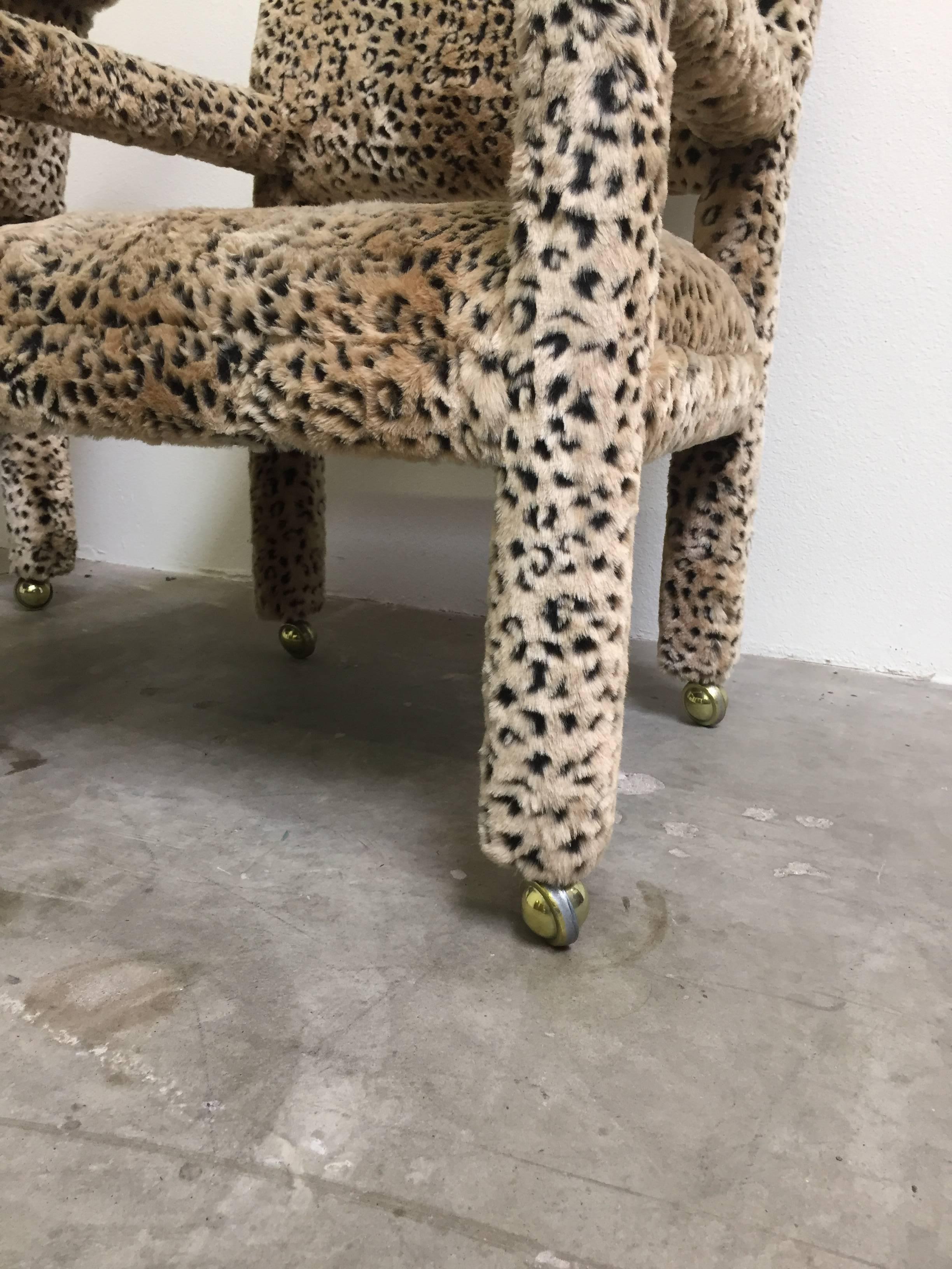 Brass Pair of 1970s Leopard Parson Chairs in the Style of Milo Baughman For Sale