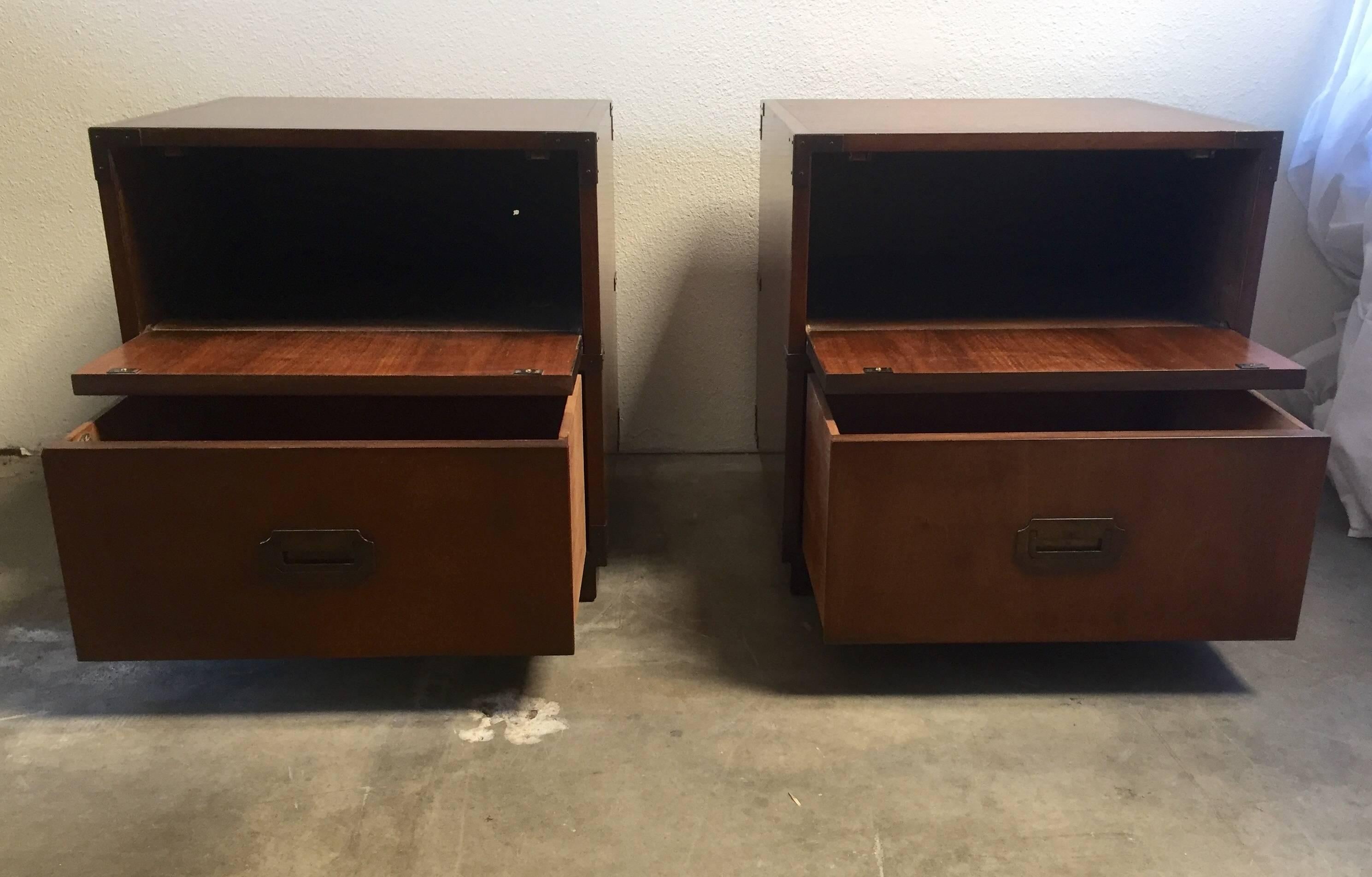 Stained Pair of Baker Campaign Side Tables