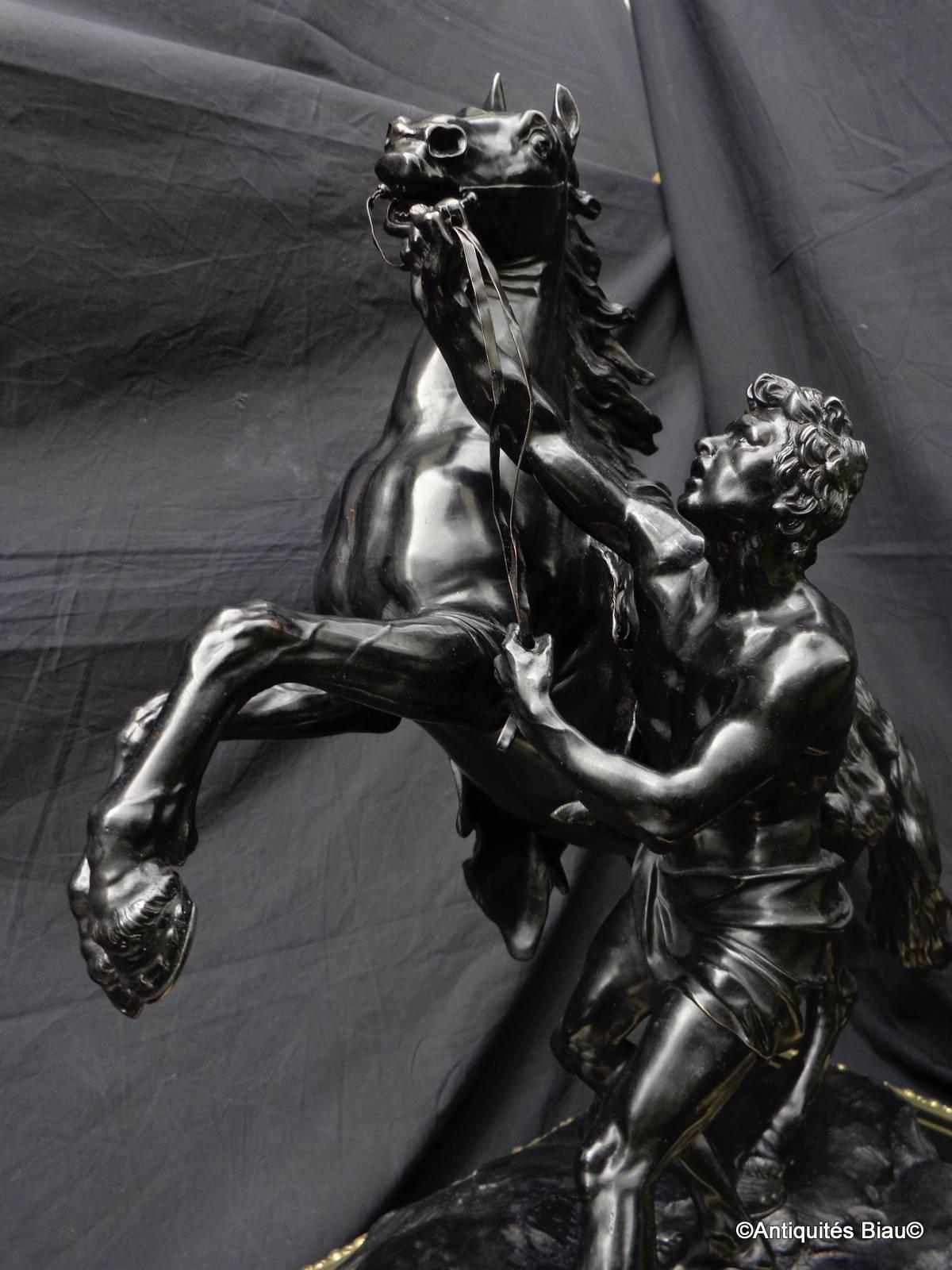French Pair of Marly Horses in Black Patinated Bronze with Pedestal Boulle Marquetry For Sale
