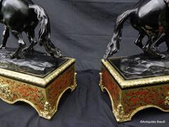 Pair of Marly Horses in Black Patinated Bronze with Pedestal Boulle Marquetry