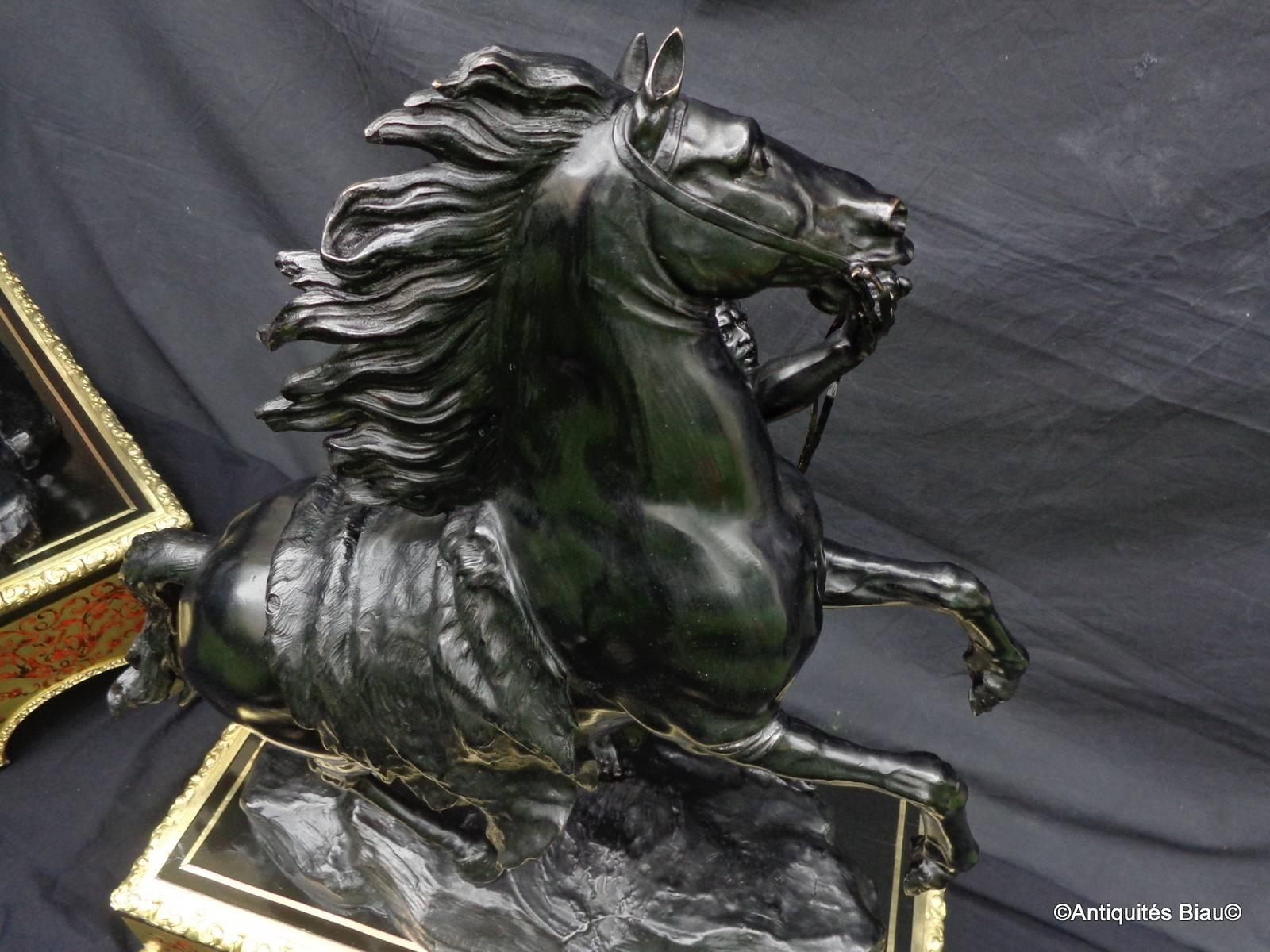 Pair of Marly Horses in Black Patinated Bronze with Pedestal Boulle Marquetry In Excellent Condition For Sale In Manduel, FR