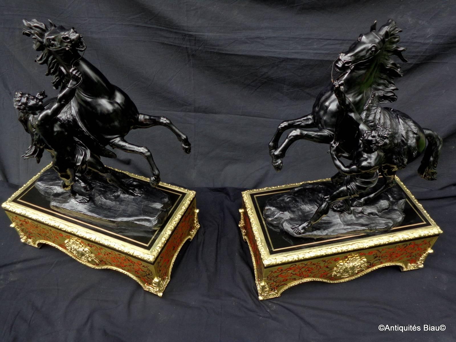 19th Century Pair of Marly Horses in Black Patinated Bronze with Pedestal Boulle Marquetry For Sale