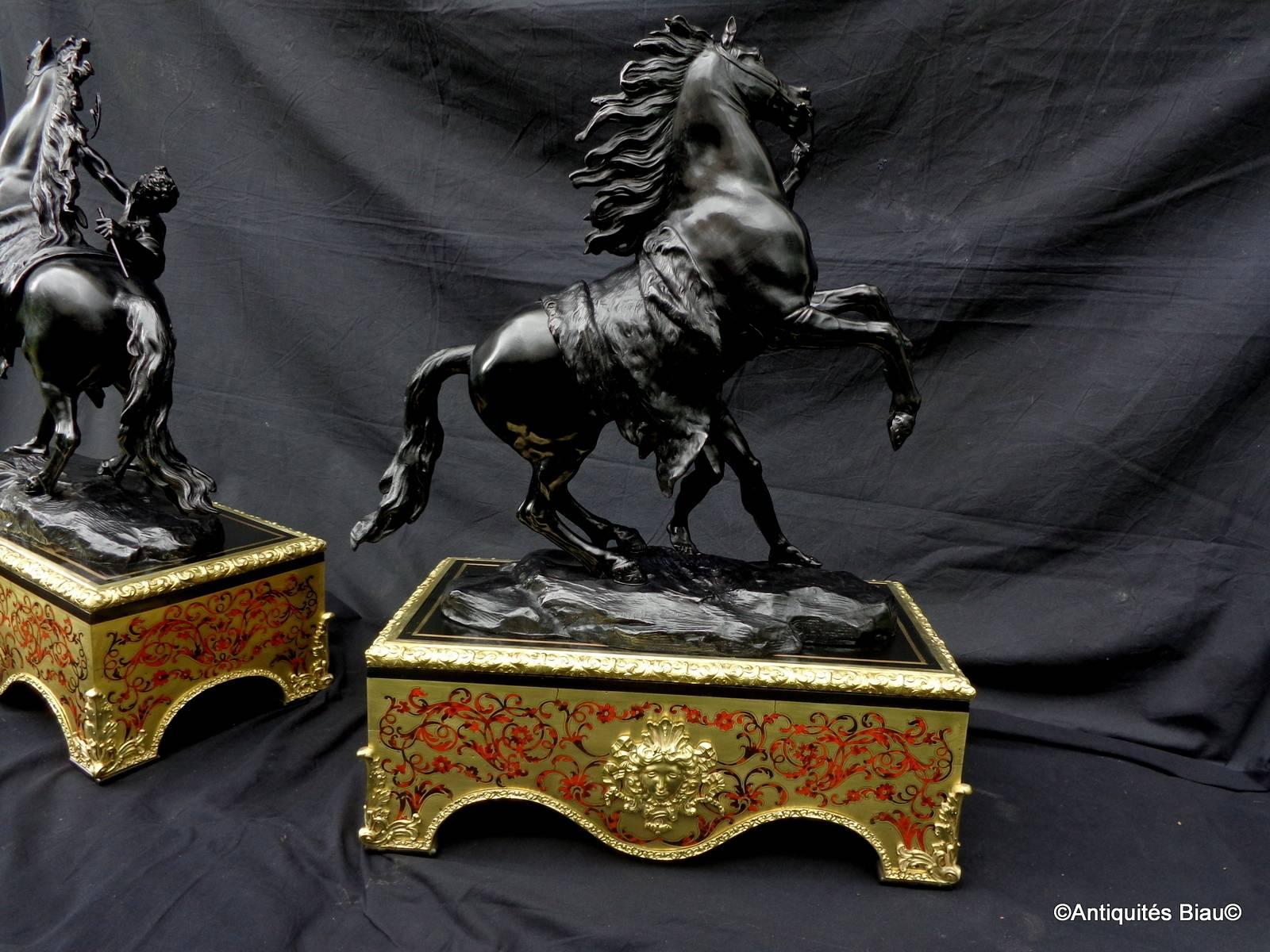 Pair of Marly Horses in Black Patinated Bronze with Pedestal Boulle Marquetry For Sale 3