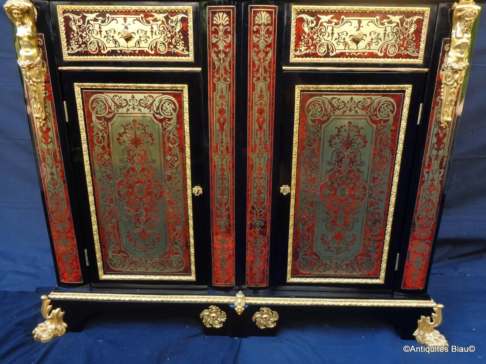 Brass French Cabinet Bronze Stamped HPR in Boulle Marquetry, 18th and 19th Century