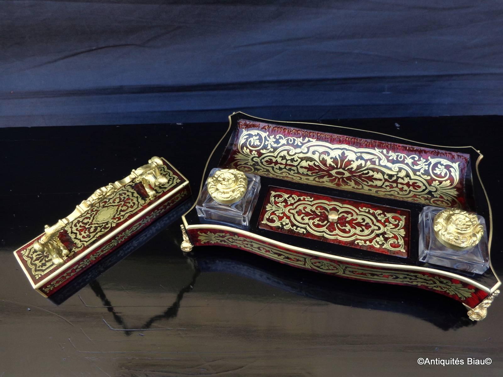 Napoleon III French Inkwell and Penholder in Boulle Marquetry, 19th Century