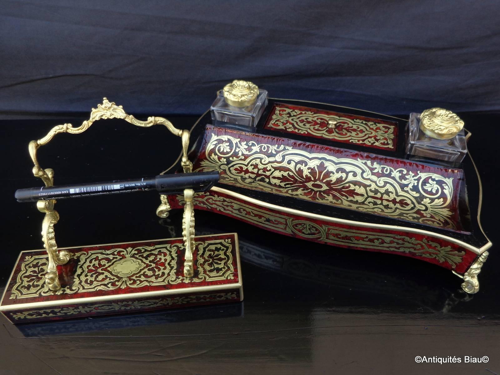 Mid-19th Century French Inkwell and Penholder in Boulle Marquetry, 19th Century