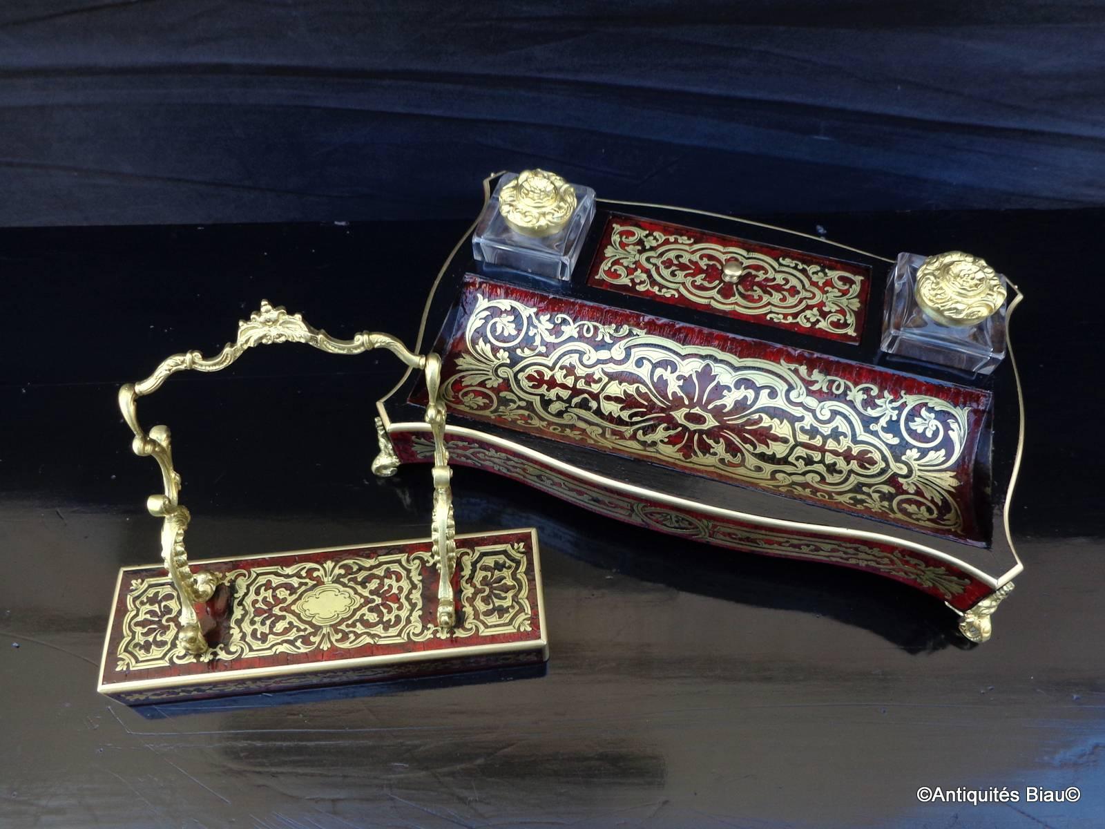 Brass French Inkwell and Penholder in Boulle Marquetry, 19th Century