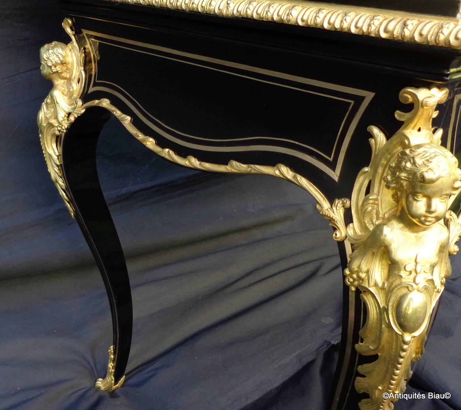 French Wonderful Bookcase Desk Richly Bronzed in Brass Marquetry Napoleon 3 Period 19th