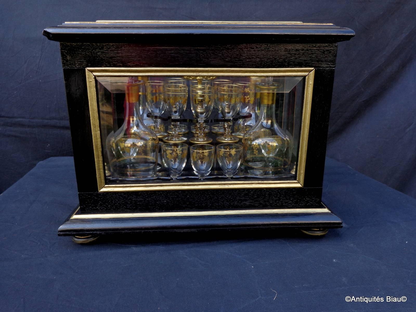 French Tantalus Liquor Box with Glasses in Black and Gold, 19th Century, Napoleon III