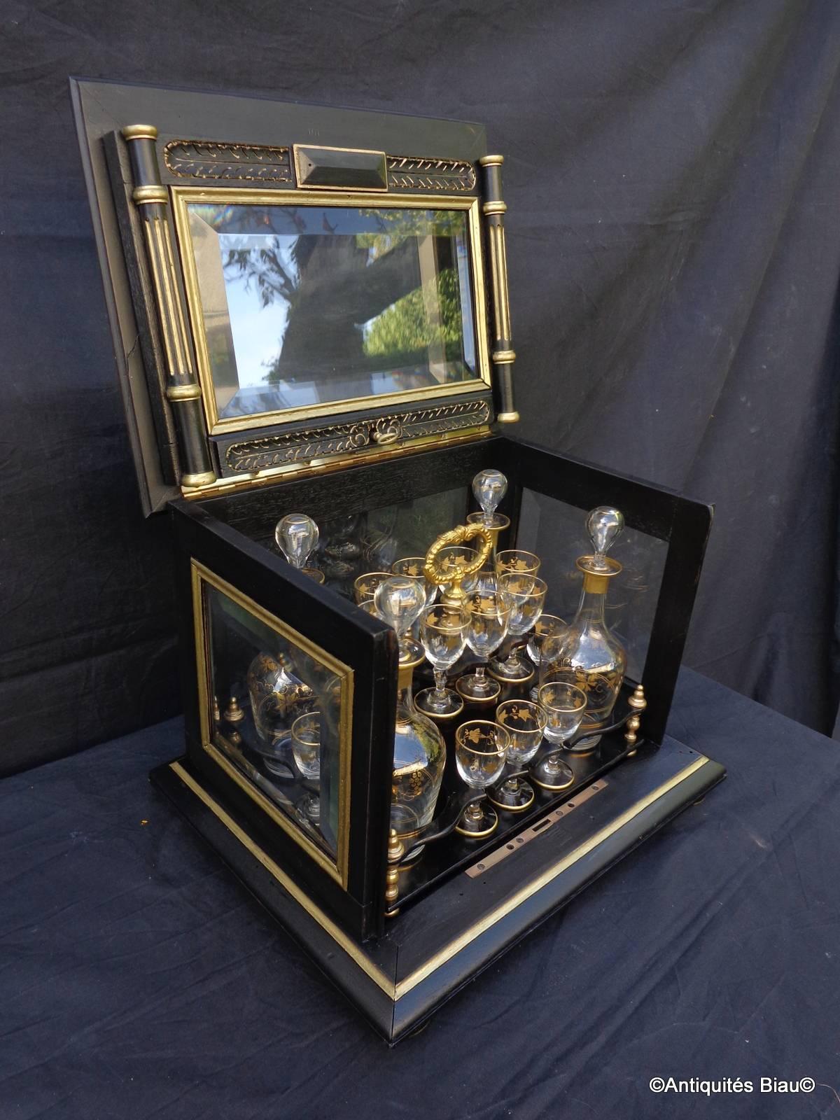 Tantalus Liquor Box with Glasses in Black and Gold, 19th Century, Napoleon III 1