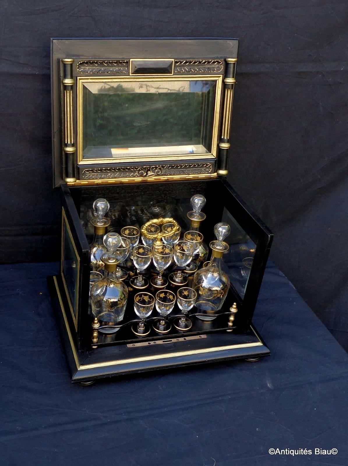 Tantalus Liquor Box with Glasses in Black and Gold, 19th Century, Napoleon III 2