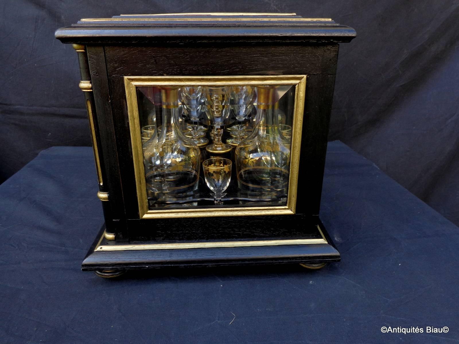 Tantalus Liquor Box with Glasses in Black and Gold, 19th Century, Napoleon III 5