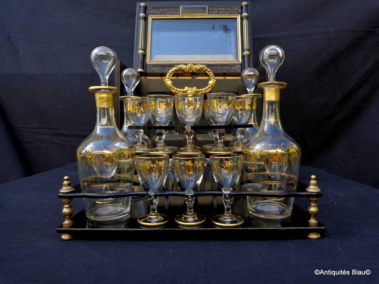 Tantalus Liquor Box with Glasses in Black and Gold, 19th Century, Napoleon III 4