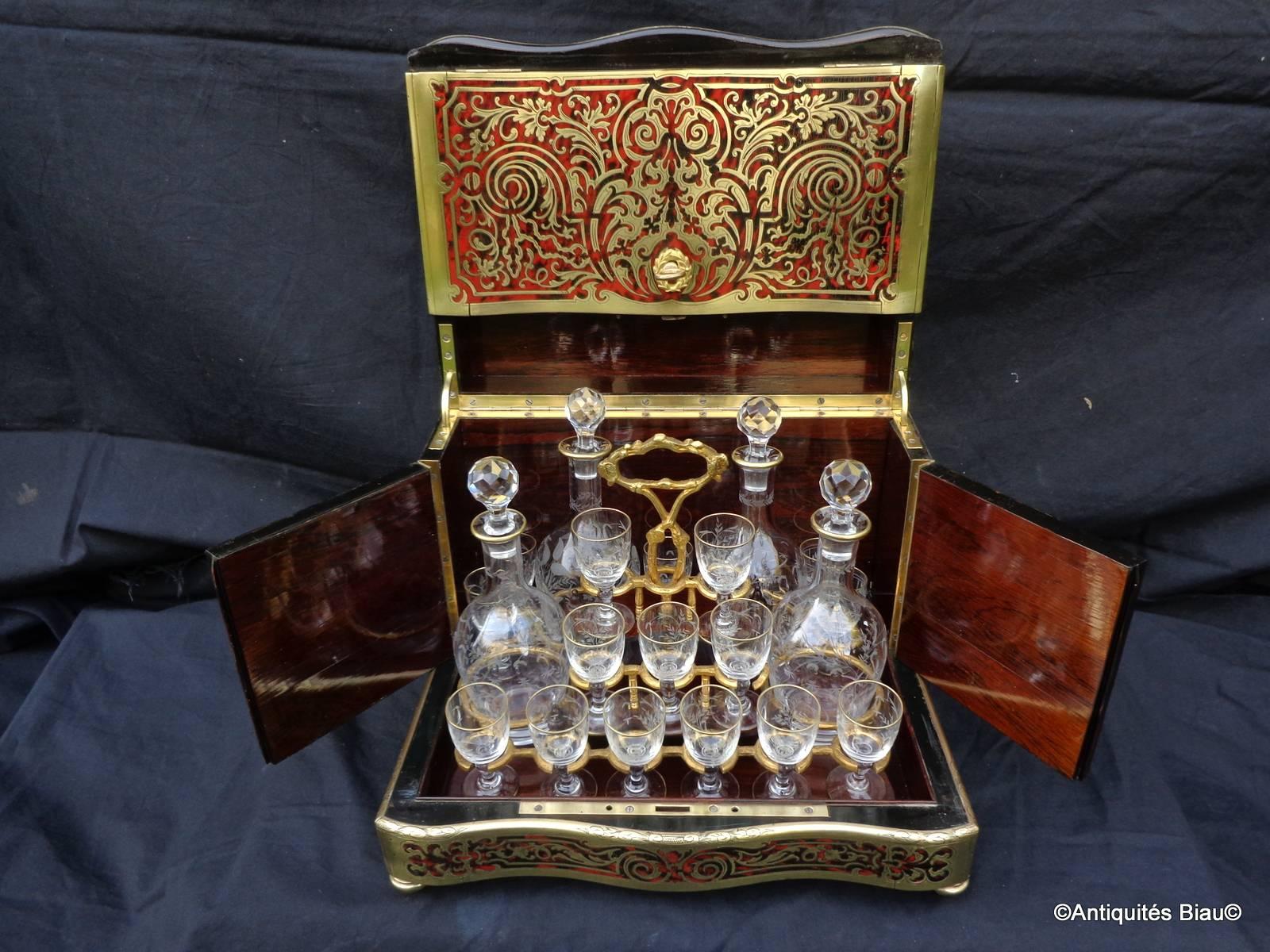 Tantalus Box in Boulle Marquetry Napoleon III Period Crystal Golden Complete 1