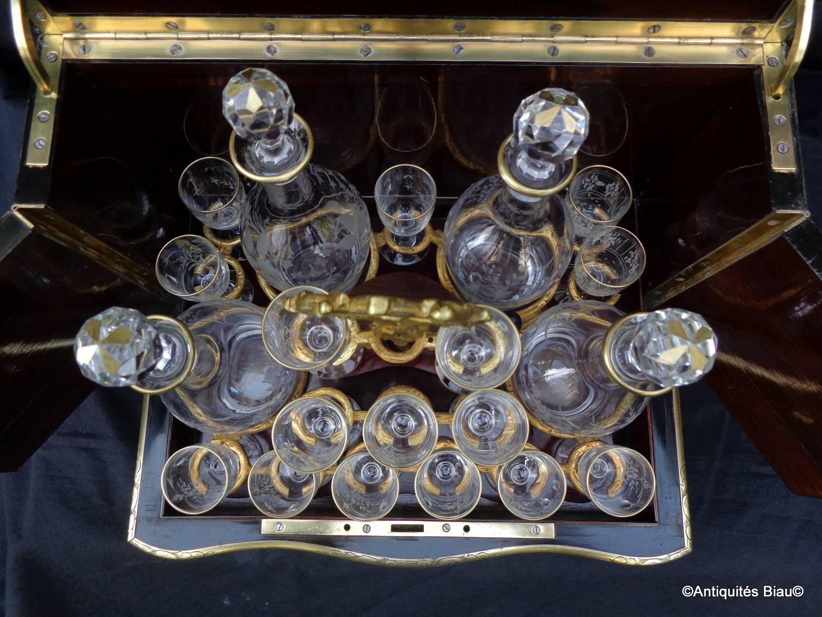 Tantalus Box in Boulle Marquetry Napoleon III Period Crystal Golden Complete 2
