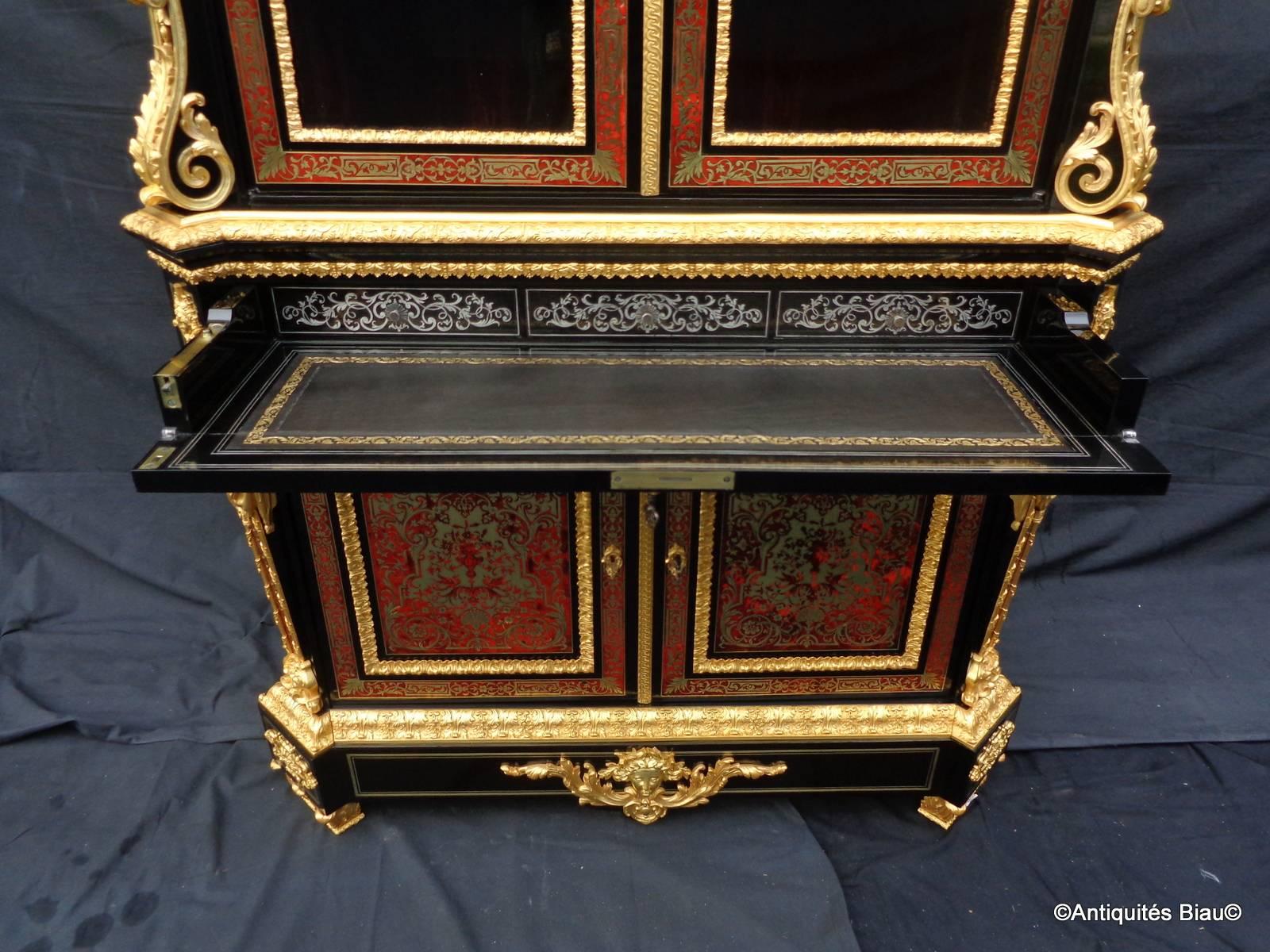 French Cabinet Secretary with Clock in Boulle Marquetry, 19th Century, Napoleon III For Sale