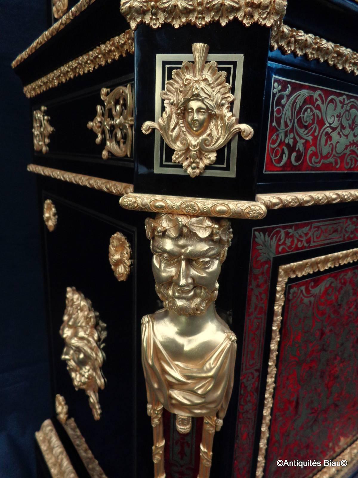 Brass Cabinet Secretary with Clock in Boulle Marquetry, 19th Century, Napoleon III For Sale