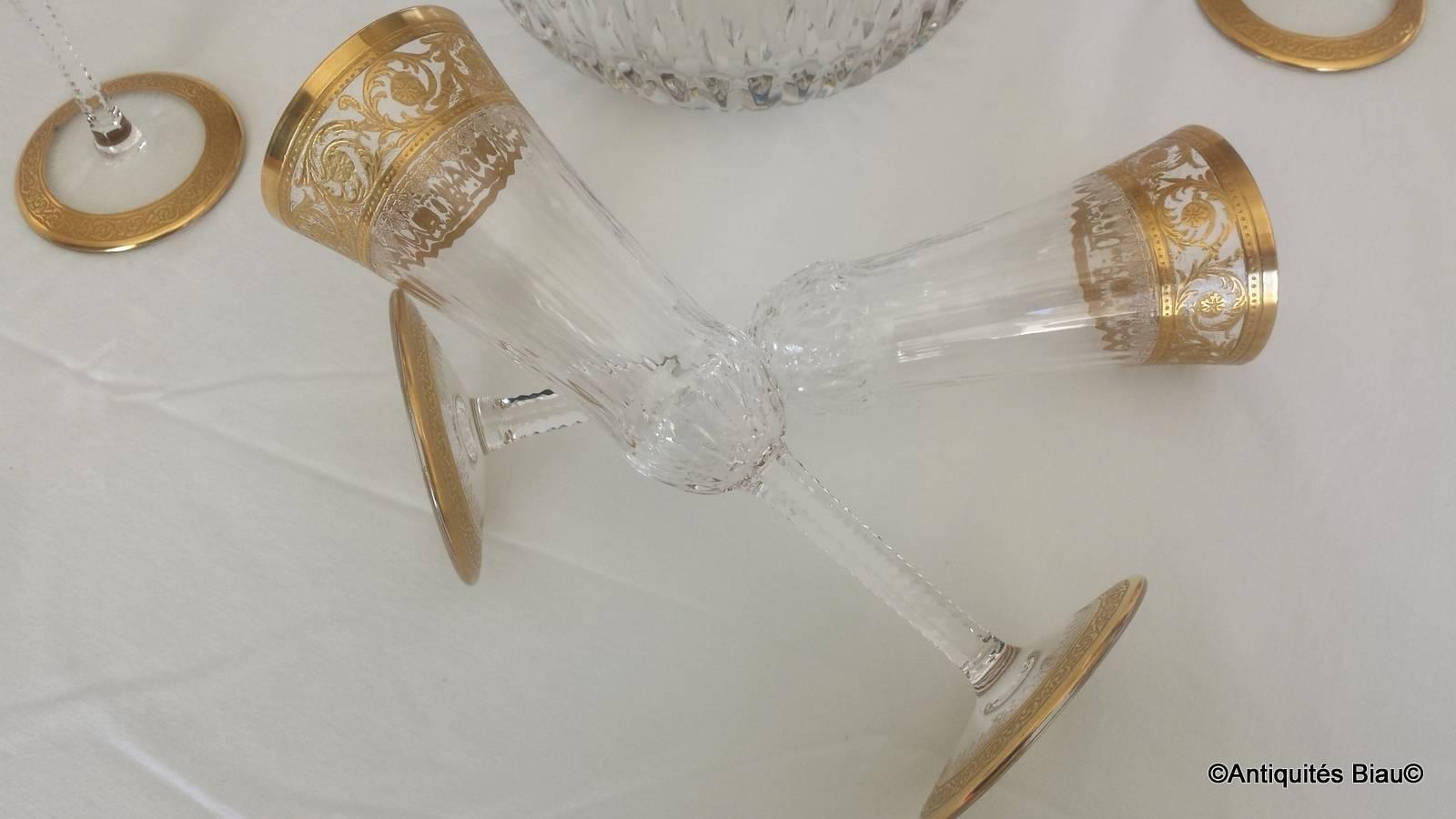 Champagne Bucket with 6 Glasses in Crystal Saint, Louis Thistle Gold Model For Sale 3