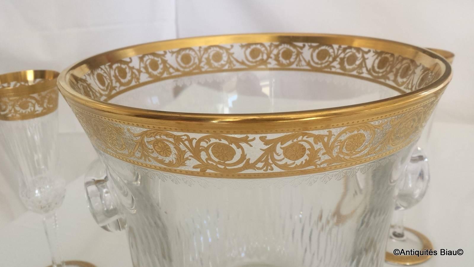 Champagne Bucket with 6 Glasses in Crystal Saint, Louis Thistle Gold Model For Sale 1