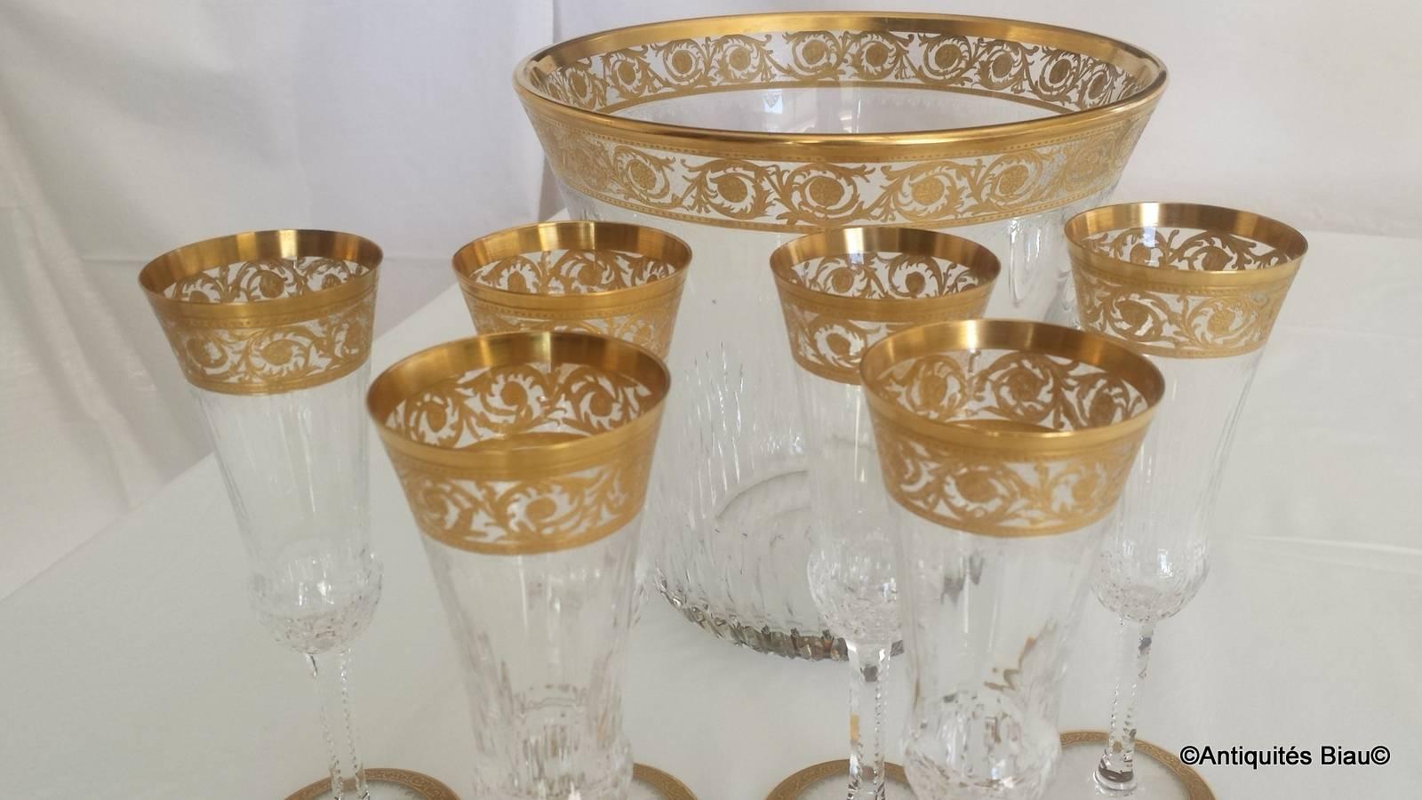 Champagne Bucket with 6 Glasses in Crystal Saint, Louis Thistle Gold Model For Sale 2