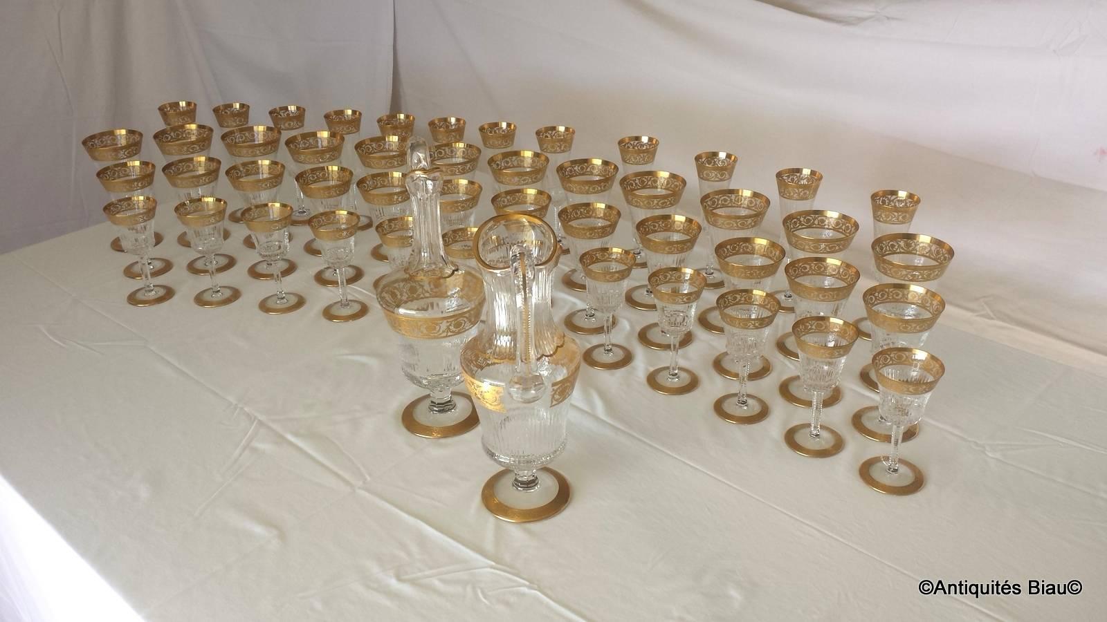 48 Glasses and Two Decanters in Crystal Saint, Louis Thistle Gold Model 2