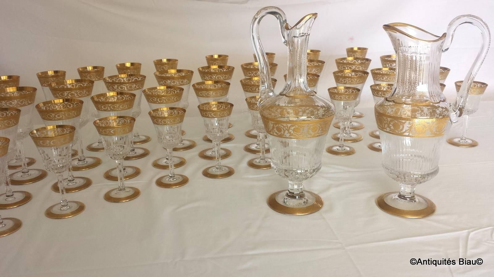 Mid-20th Century 48 Glasses and Two Decanters in Crystal Saint, Louis Thistle Gold Model