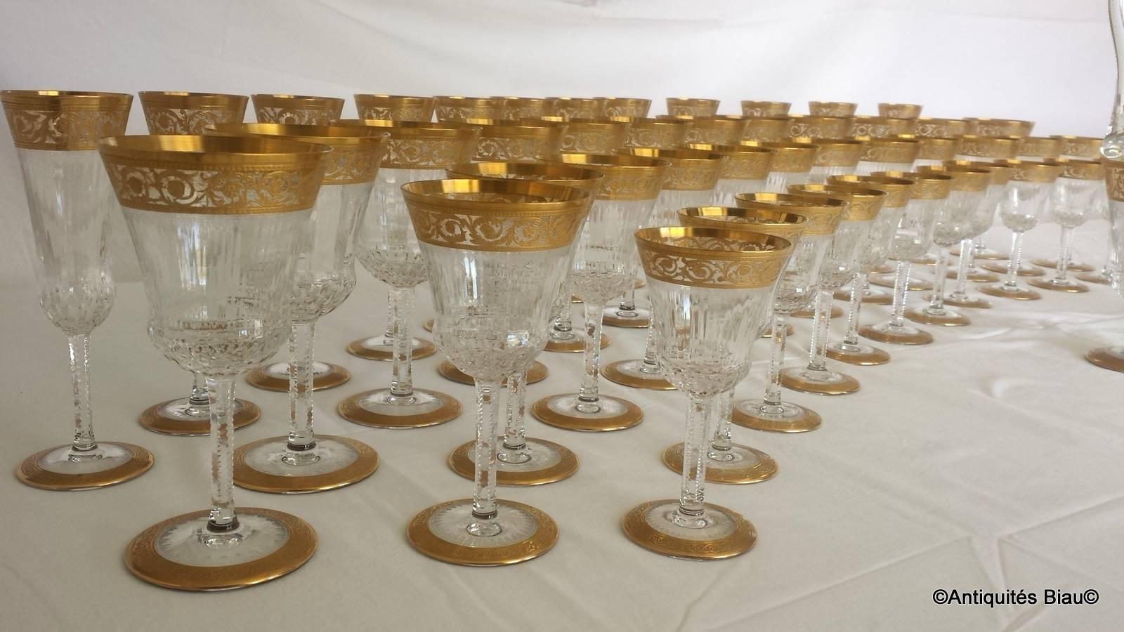 48 Glasses and Two Decanters in Crystal Saint, Louis Thistle Gold Model 1