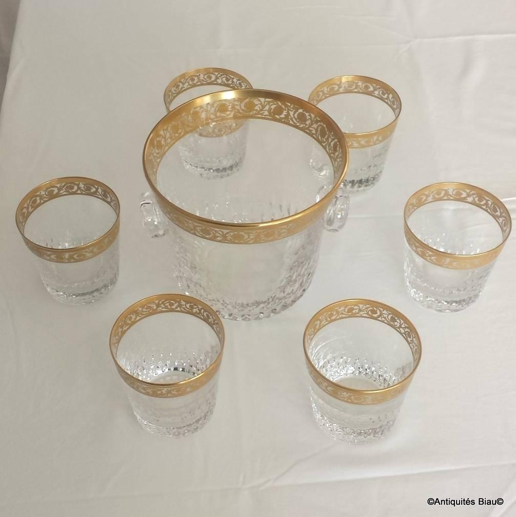 Modern Six Whiskey Glasses and Ice Bucket in Crystal Saint, Louis Thistle Gold Model