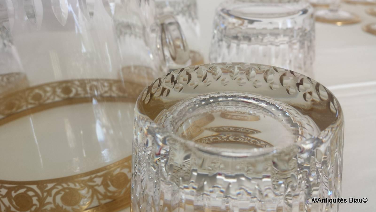 Six Whiskey Glasses and Ice Bucket in Crystal Saint, Louis Thistle Gold Model 1