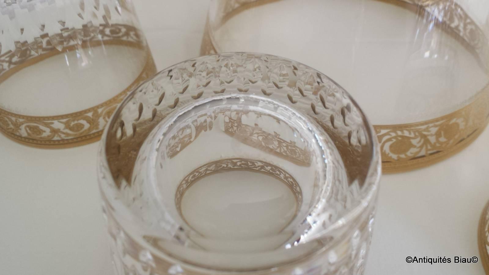 Mid-20th Century Six Whiskey Glasses and Ice Bucket in Crystal Saint, Louis Thistle Gold Model